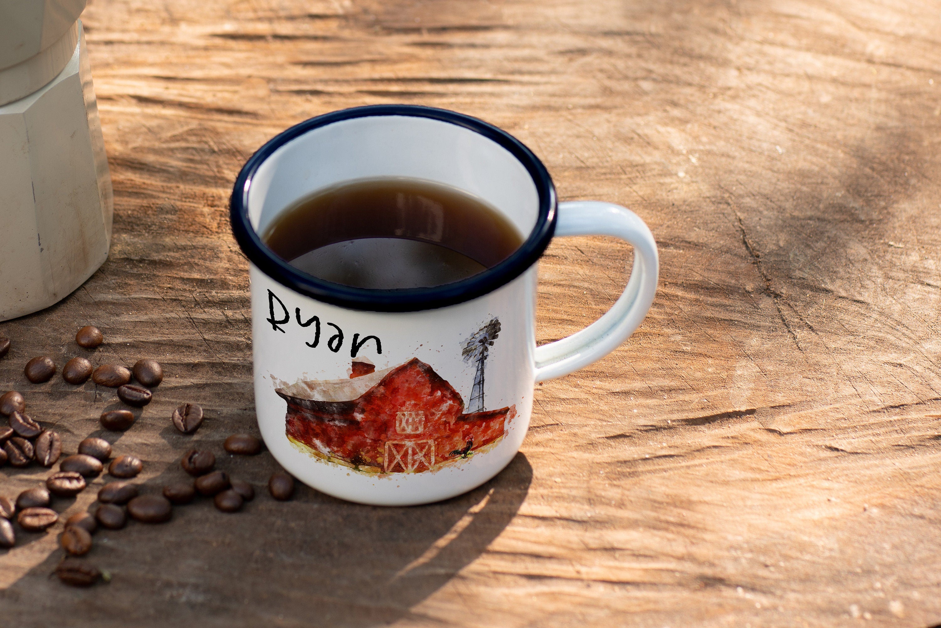 Personalized Barn Enamel Camp Mug: Custom Kids Mug, Farmhouse Decor
