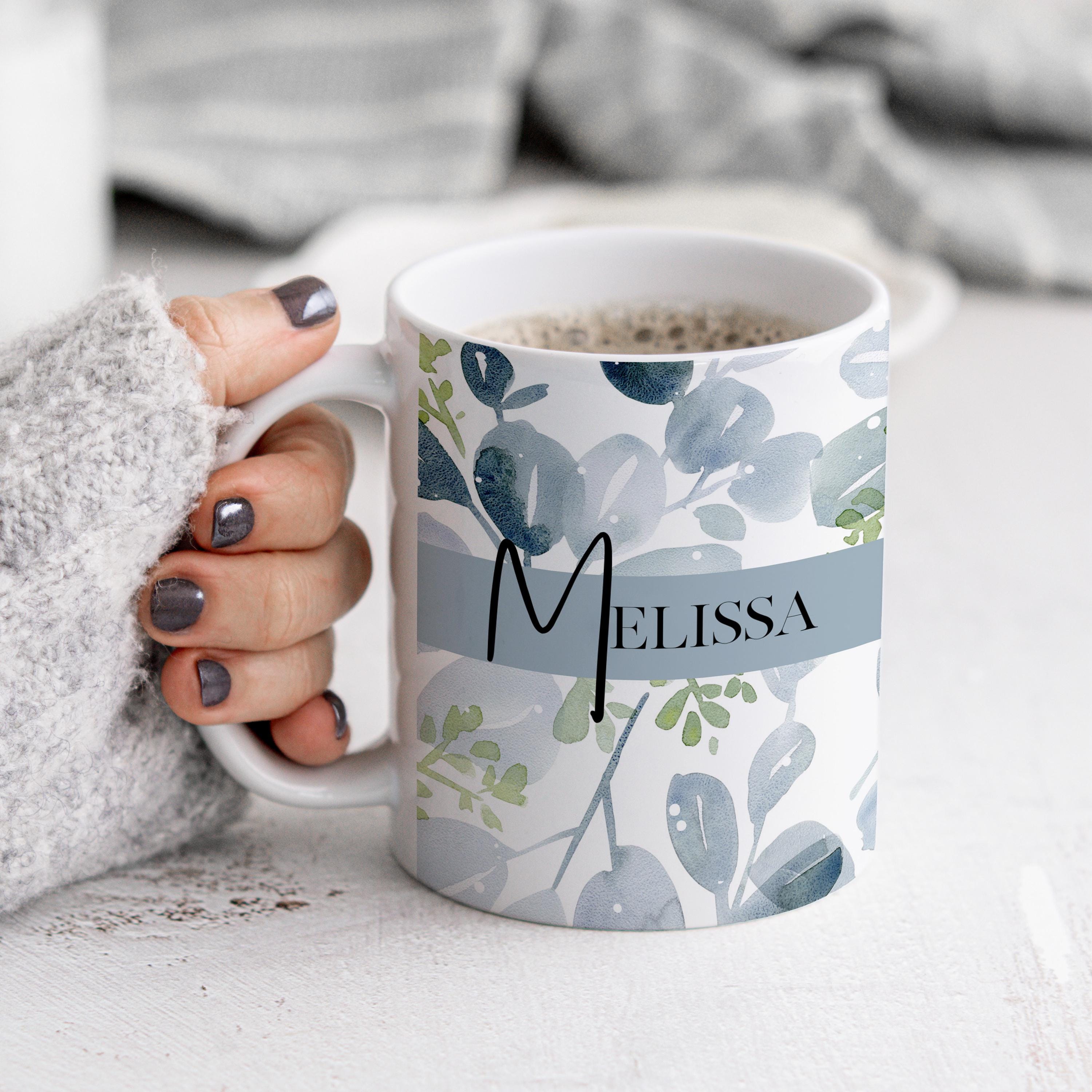Personalized Floral Watercolor Ceramic Mug, Blue Sage Botanical designed Cup, Gift for Her