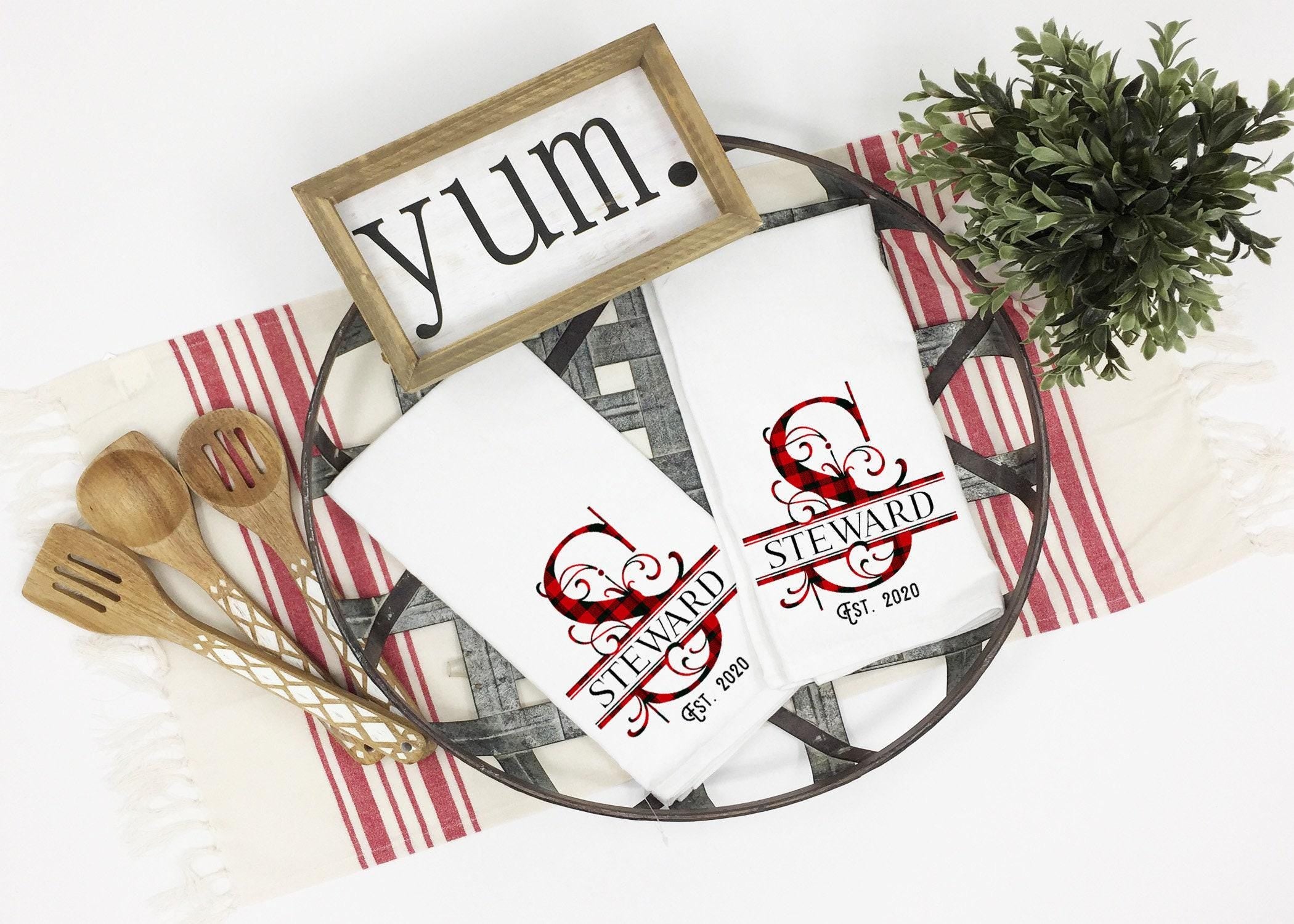 Personalized Christmas Tea Towel, Buffalo Plaid Kitchen Towel, Monogram Custom Tea Towel, Last Name Tea Towel, Kitchen Dish Towels