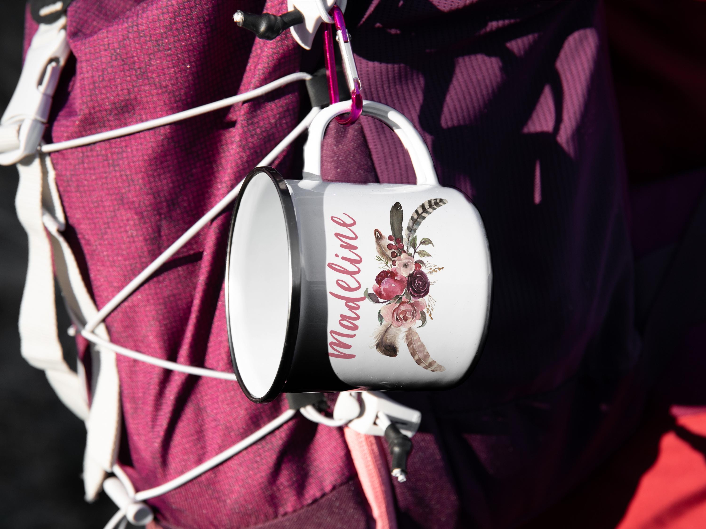 Personalized Boho Floral Enamel Camping Mug - Outdoor Gift, Multiple Sizes & Colors Available
