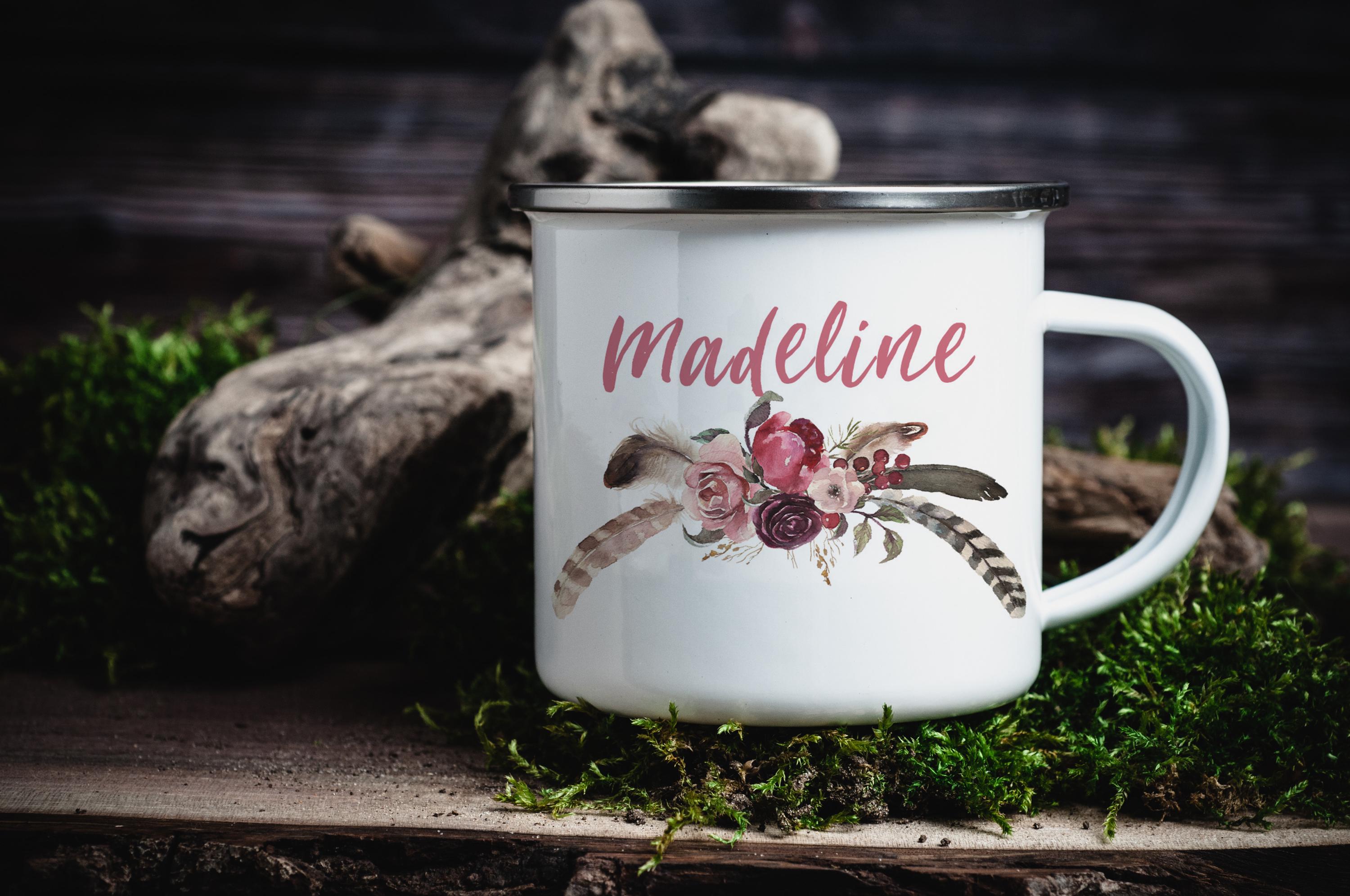 Personalized Boho Floral Enamel Camping Mug - Outdoor Gift, Multiple Sizes & Colors Available