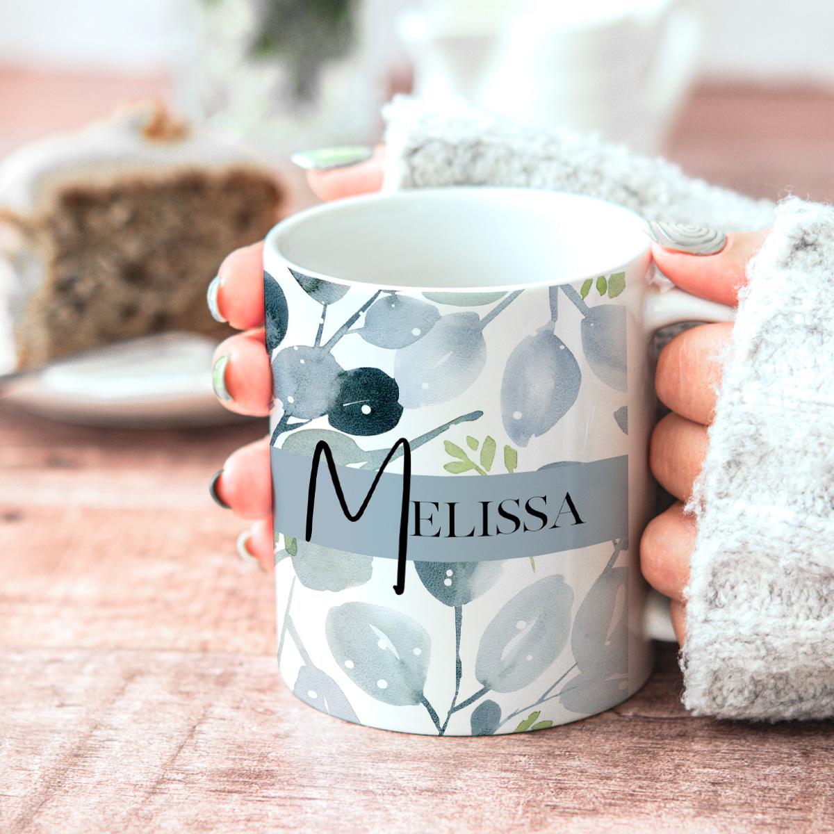 Personalized Floral Watercolor Ceramic Mug, Blue Sage Botanical designed Cup, Gift for Her