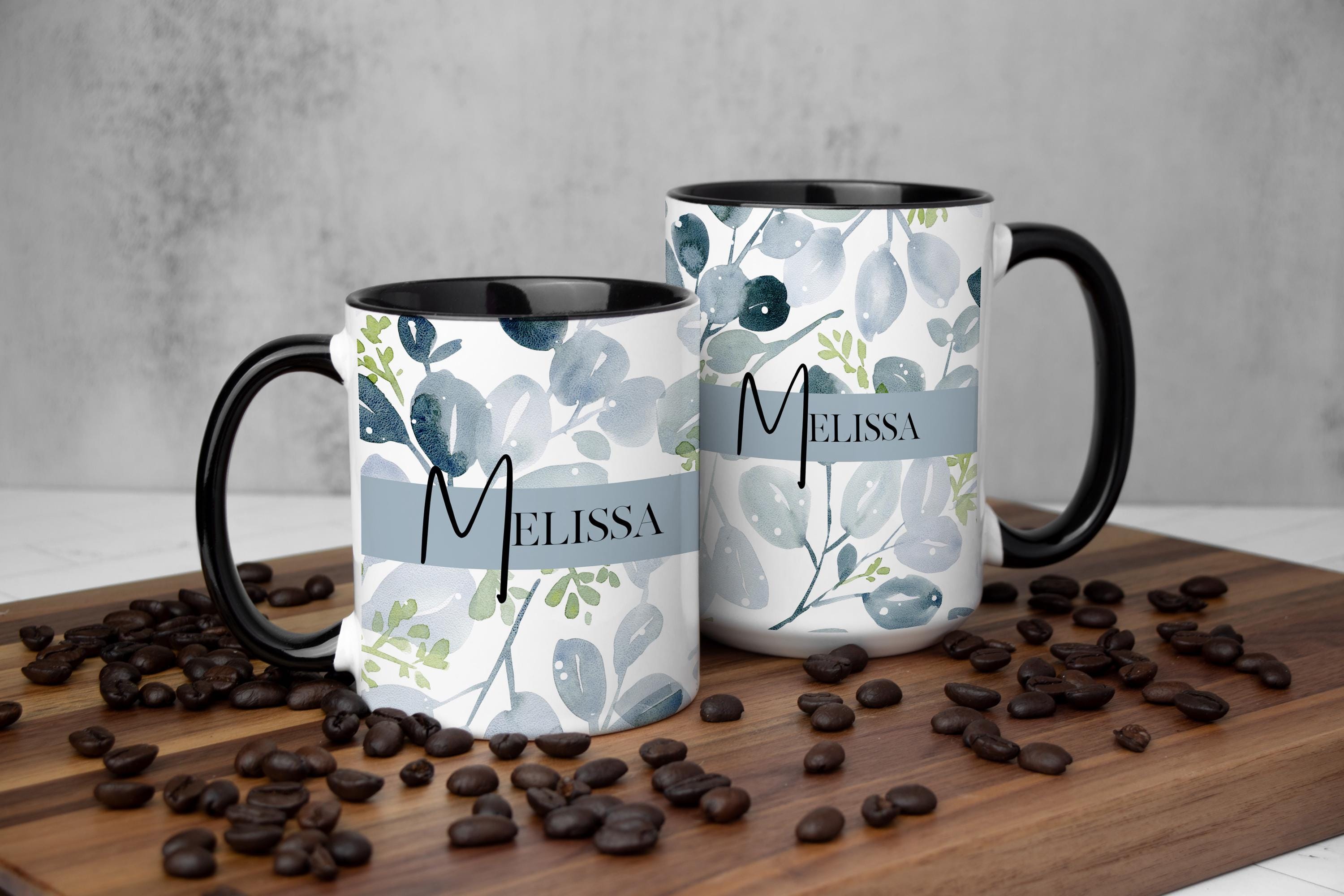 Personalized Floral Watercolor Ceramic Mug, Blue Sage Botanical designed Cup, Gift for Her