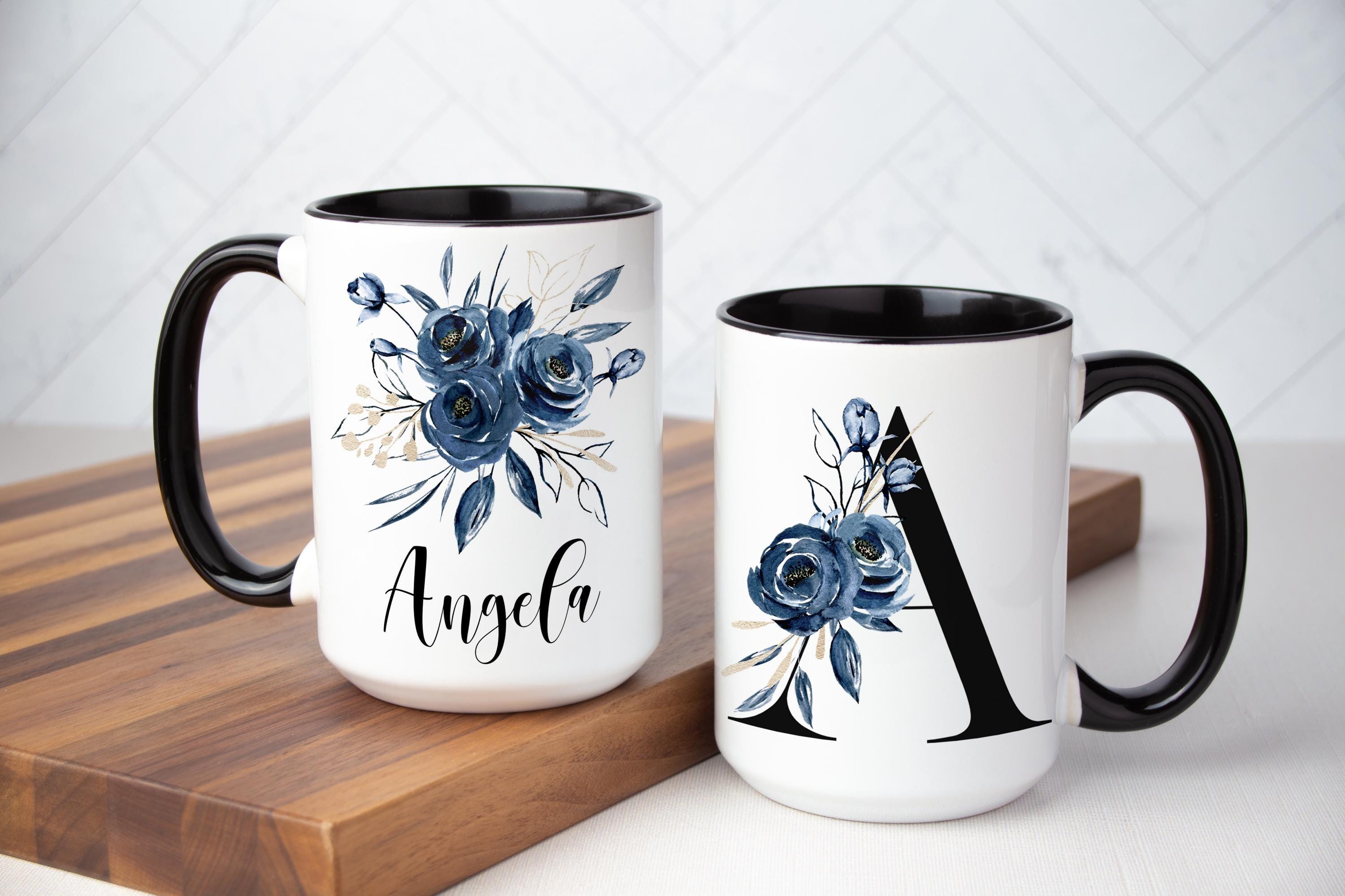 Personalized Floral Mug: Blue Watercolor, Custom Name and Monogram, Multiple Sizes & Colors Available