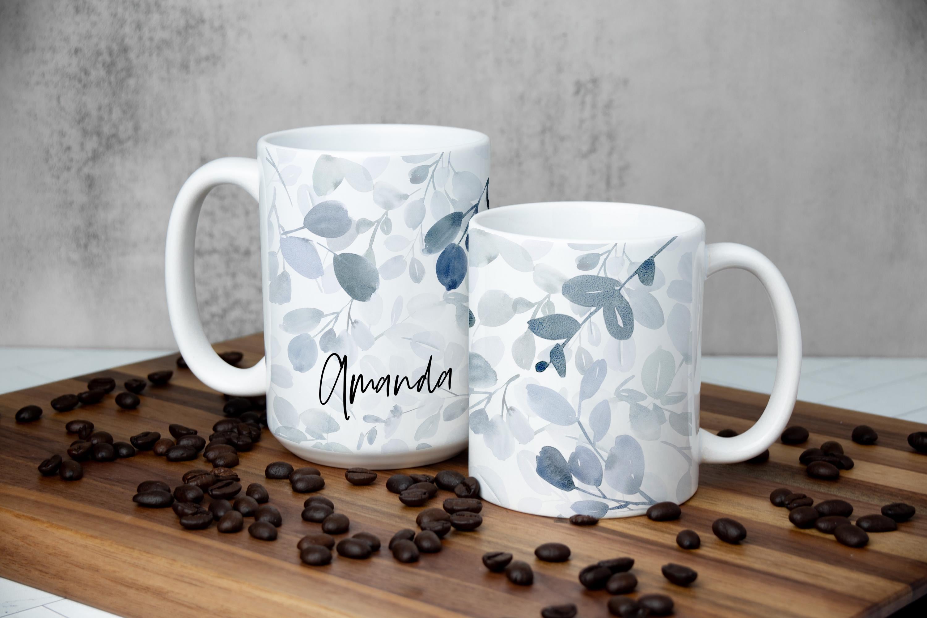 Personalized Floral Watercolor Ceramic Mug, Blue Sage Botanical designed Cup, Gift for Her