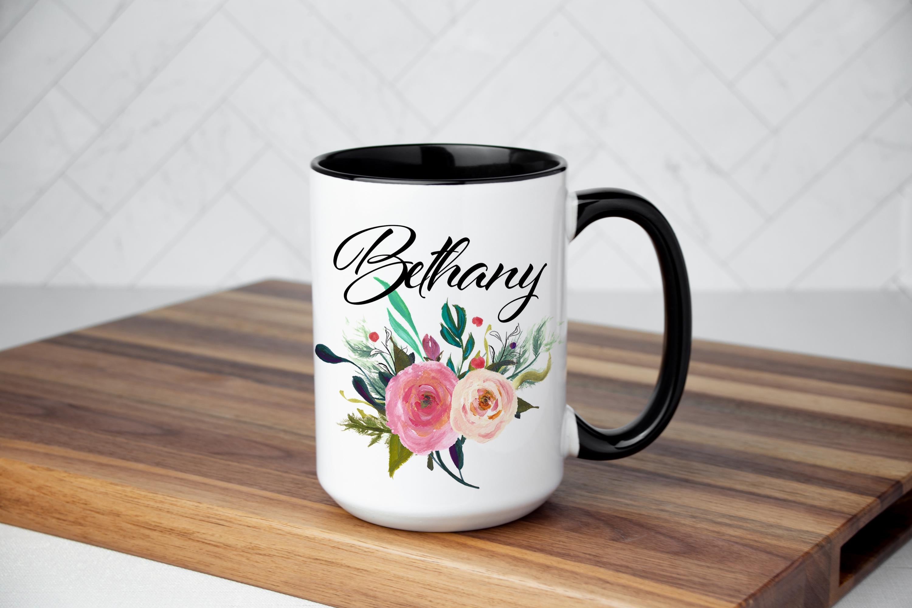 Personalized Pink Floral Coffee Mug – Custom Name Gift, Multiple Sizes & Colors Available