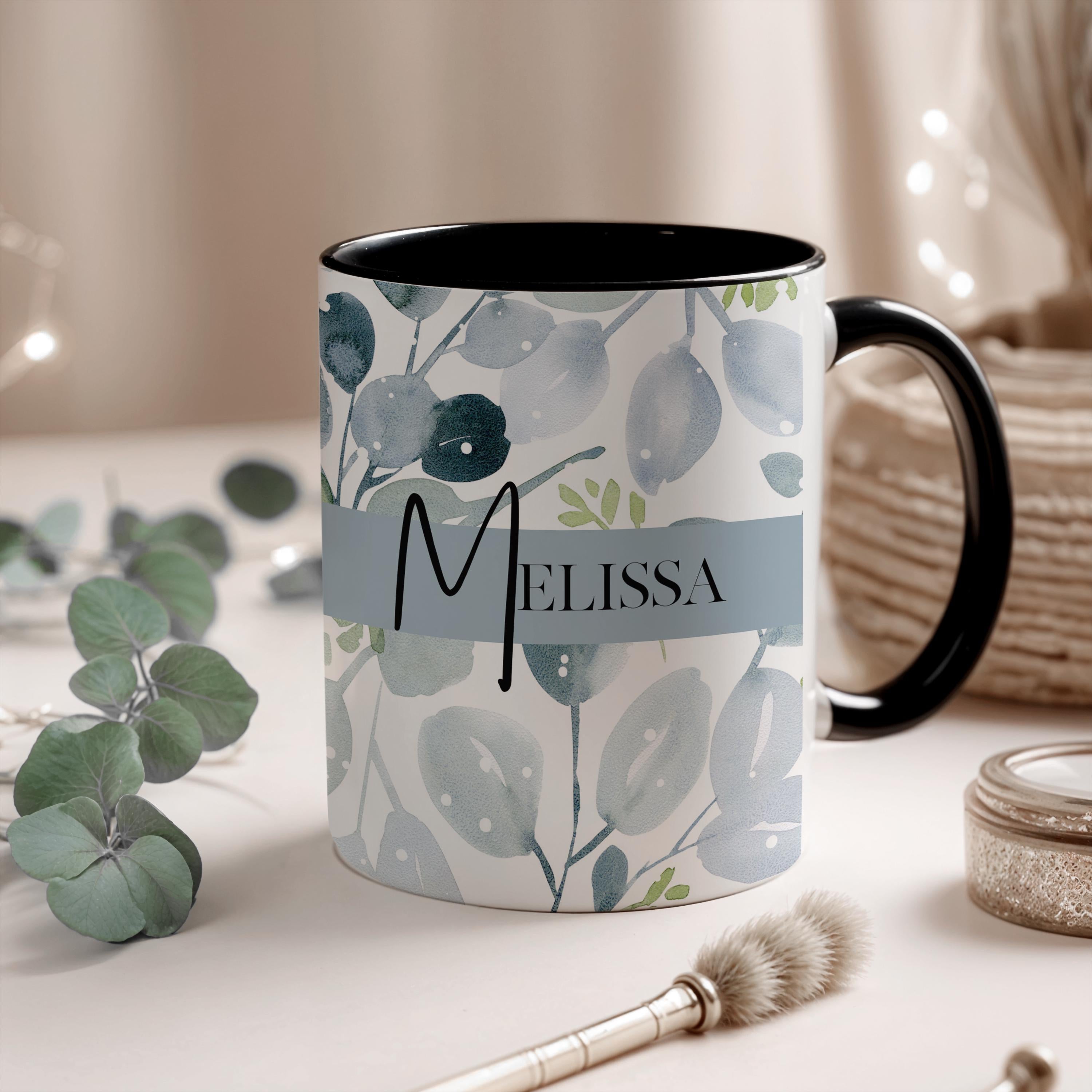 Personalized Floral Watercolor Ceramic Mug, Blue Sage Botanical designed Cup, Gift for Her