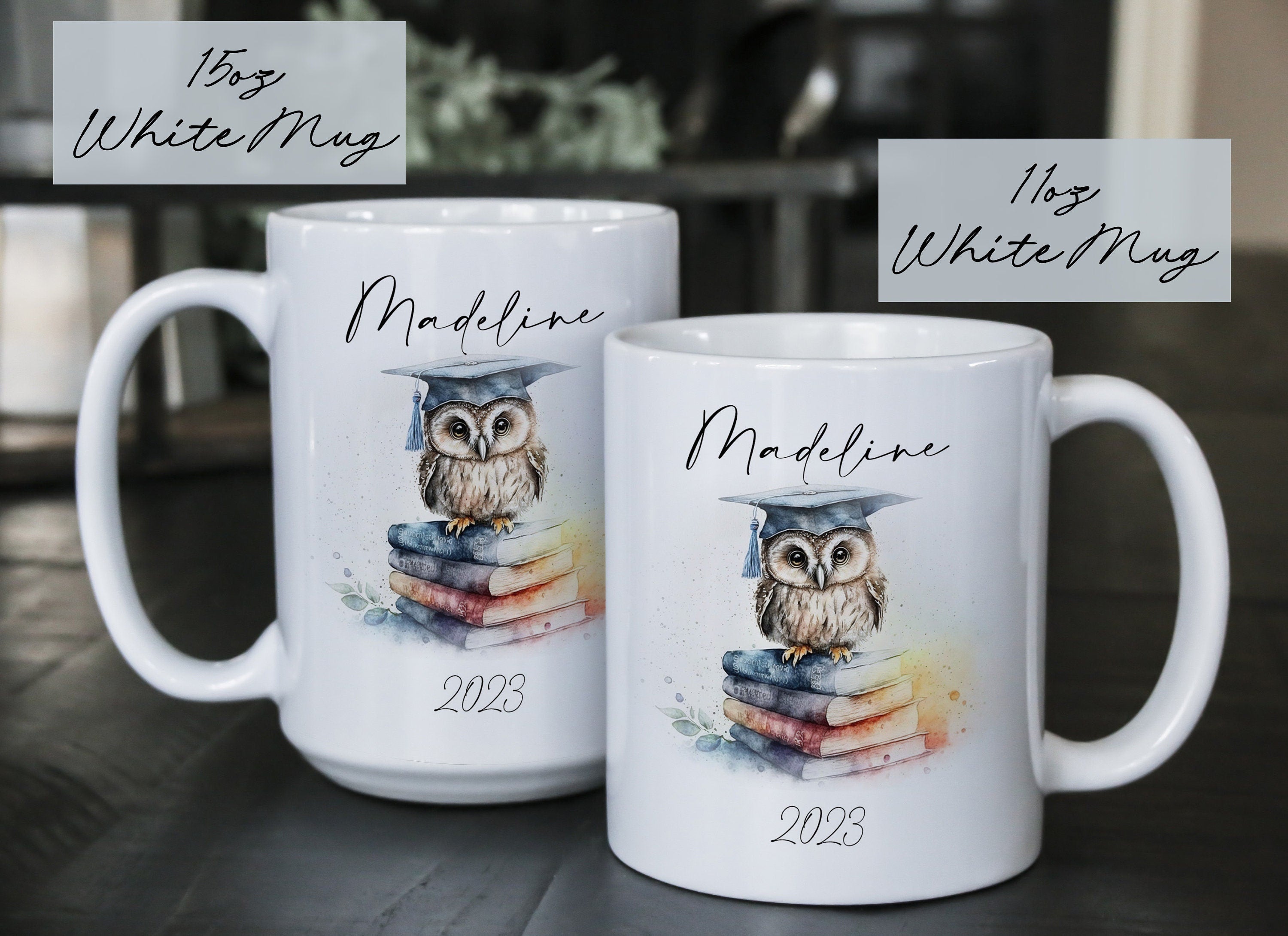 Personalized Graduation Coffee Mug: Watercolor Owl on Books