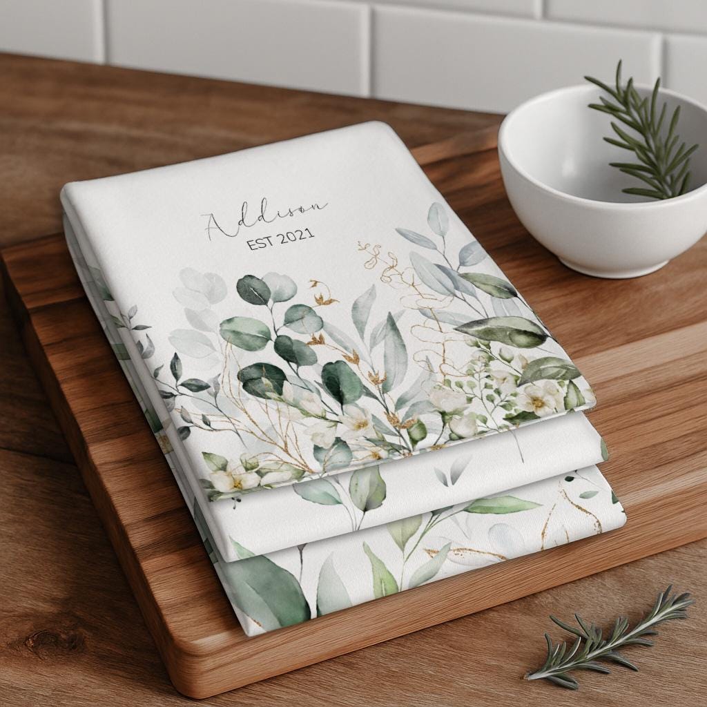 Personalized Botanical Tea Towel Set: Custom Name & Year, Greenery Kitchen Decor