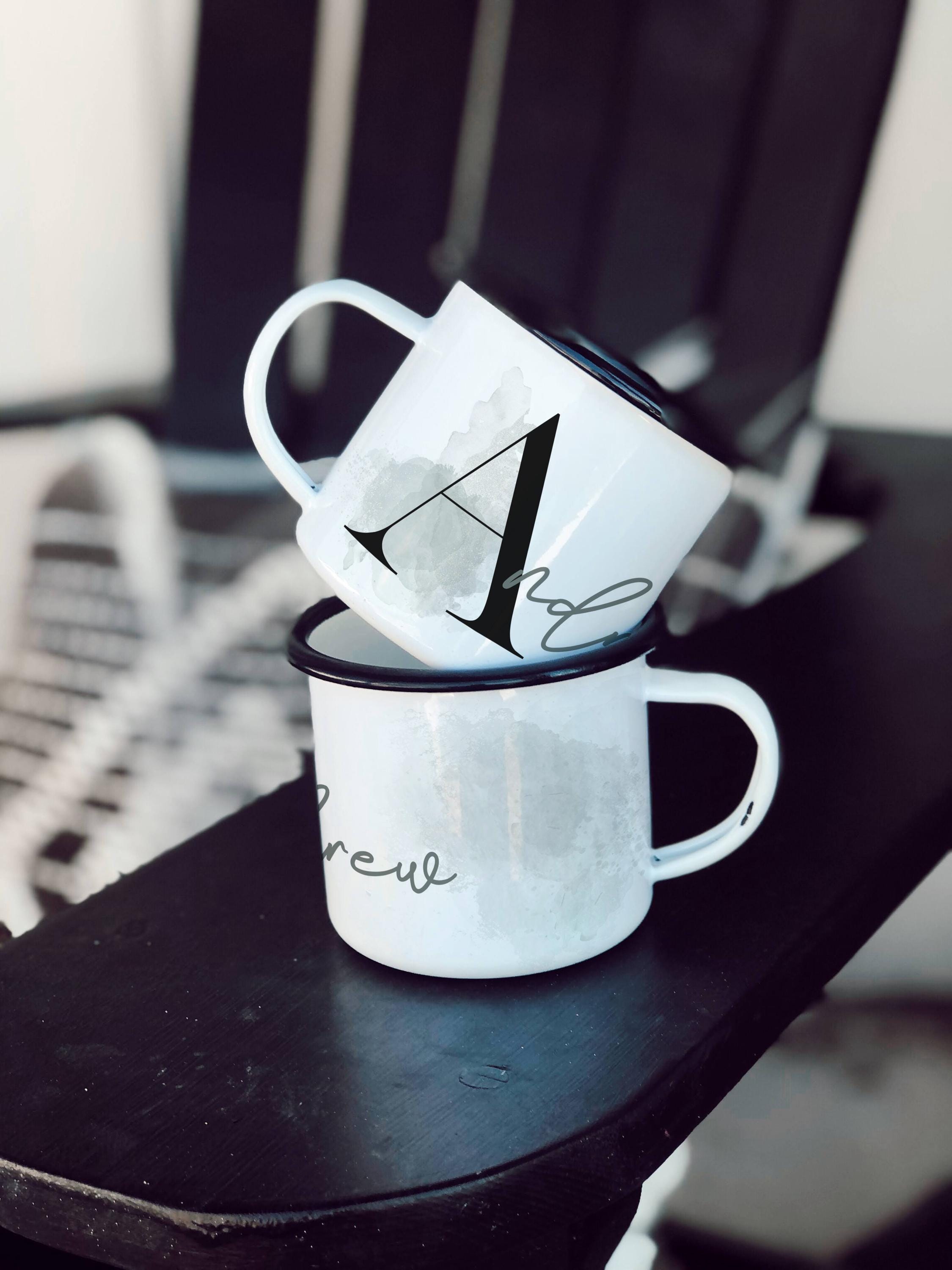 Personalized Enamel Camp Mug: Green Hues Monogram, Multiple Sizes & Colors Available (Gift Box Included)