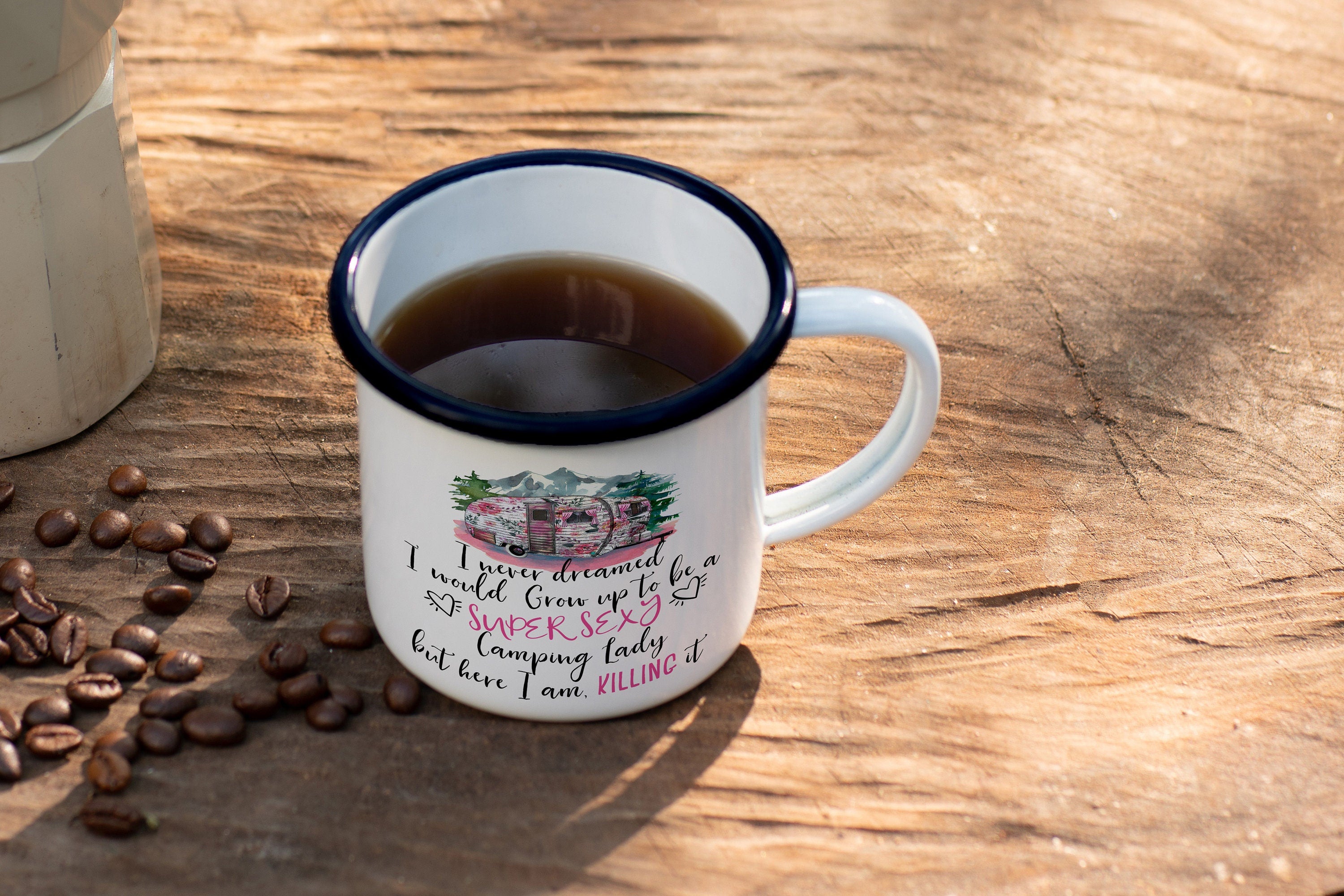 12oz/18oz Sexy Glamping Camp mug for women, Caravan Enamel Mug, Large Travel mug, Party favor gift idea, Coffee Gift Mug for Outdoor Friend