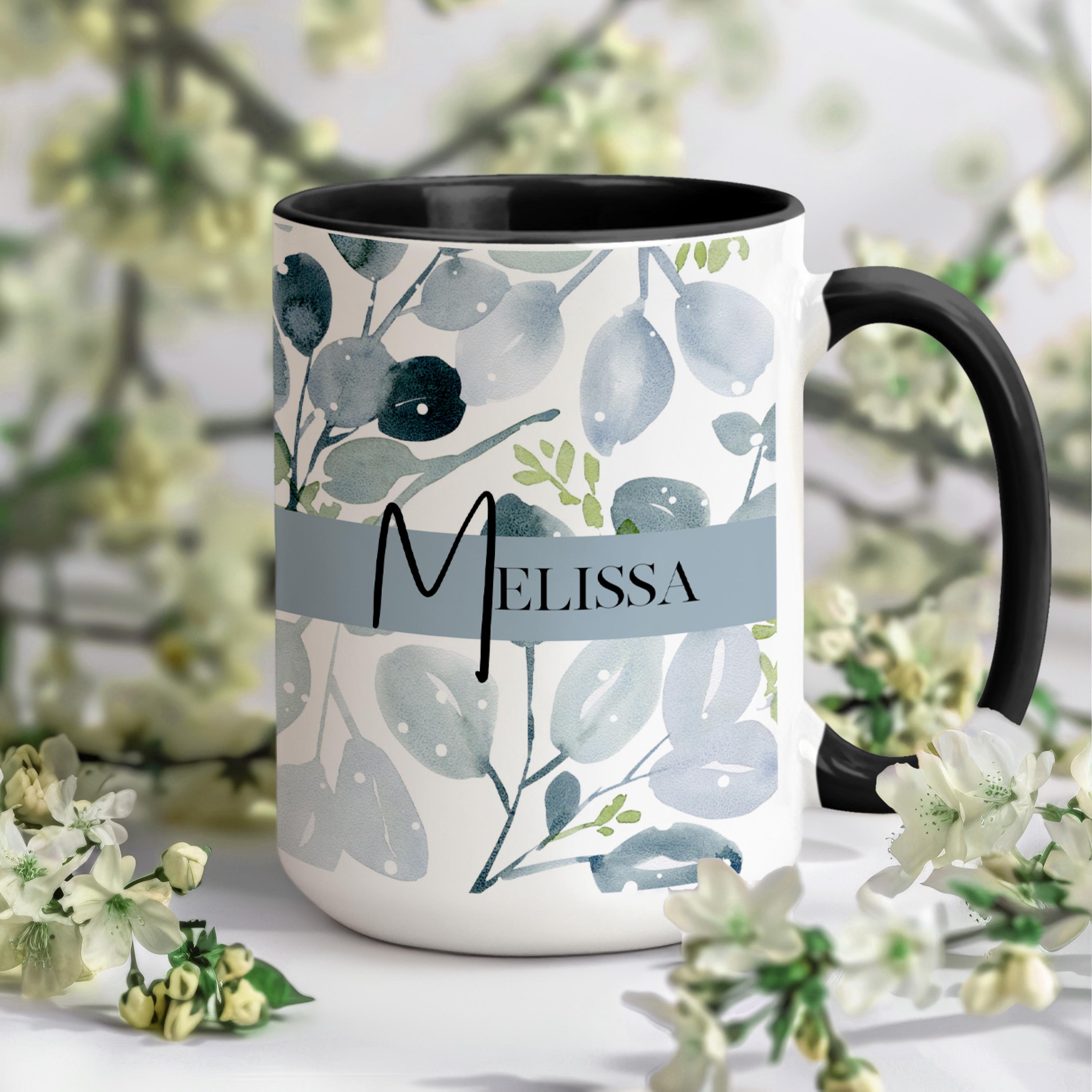 Personalized Floral Watercolor Ceramic Mug, Blue Sage Botanical designed Cup, Gift for Her