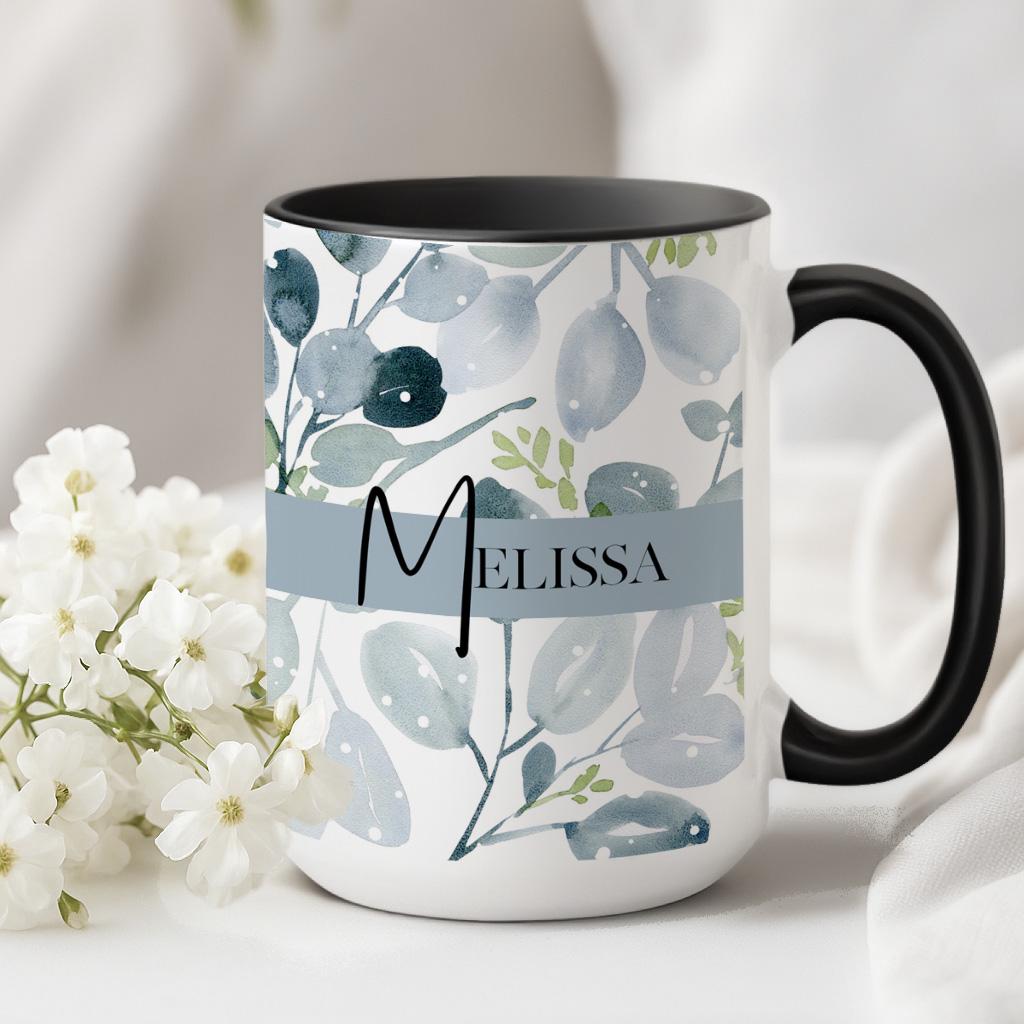 Personalized Floral Watercolor Ceramic Mug, Blue Sage Botanical designed Cup, Gift for Her