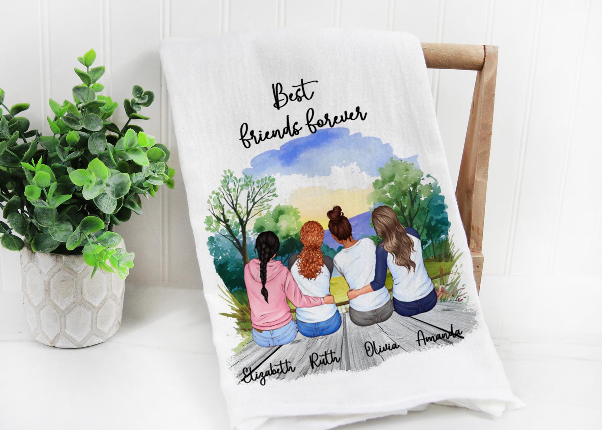 Custom Best Friends Tea Towel, Personalized with 2 to 6 Friends, Custom Names, Hair, Outfits and Backgrounds, Friendship Gift, Keepsake Gift