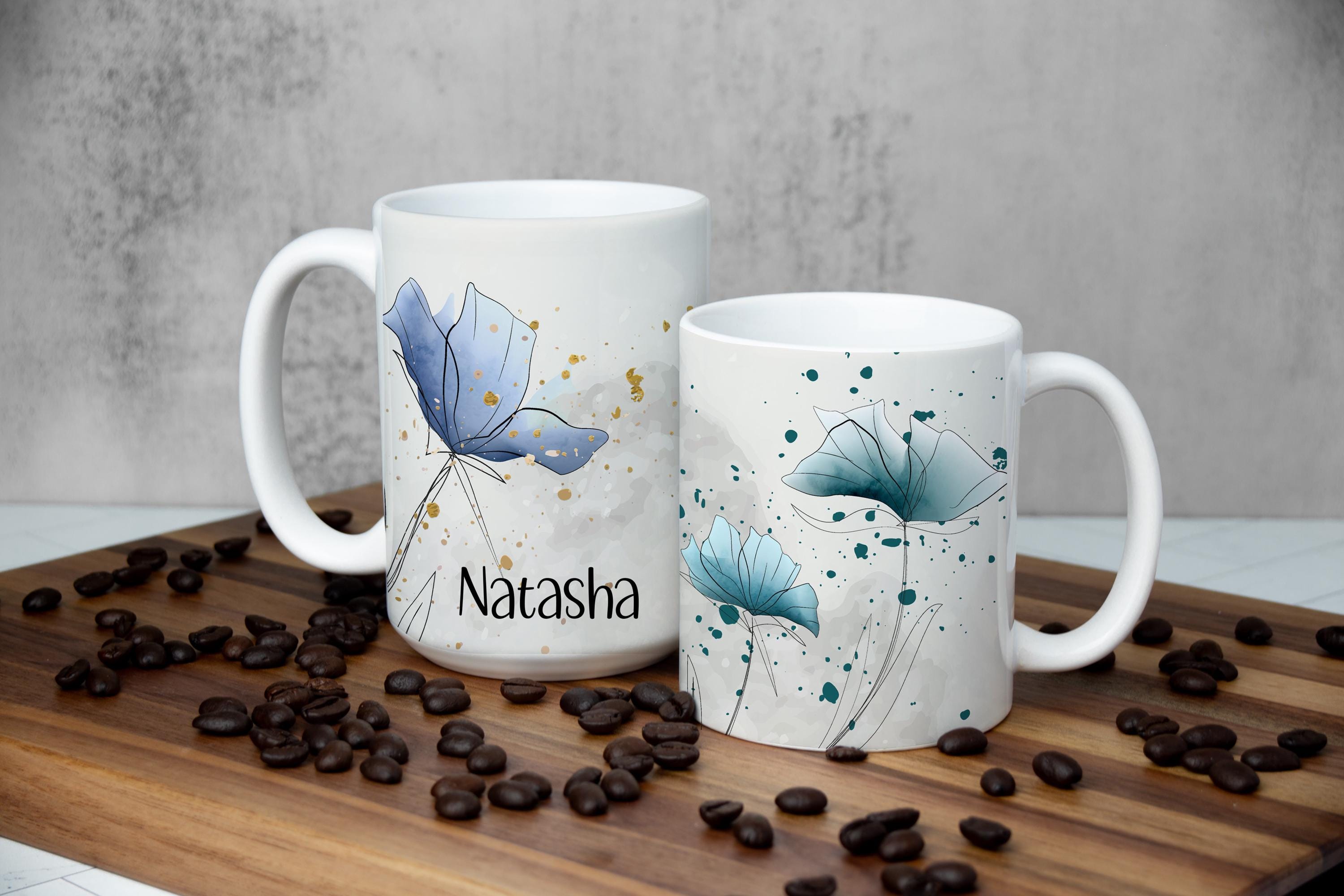 Watercolor Floral Coffee Mug: Blue/Green Ceramic Drinkware, Multiple Sizes & Colors Available