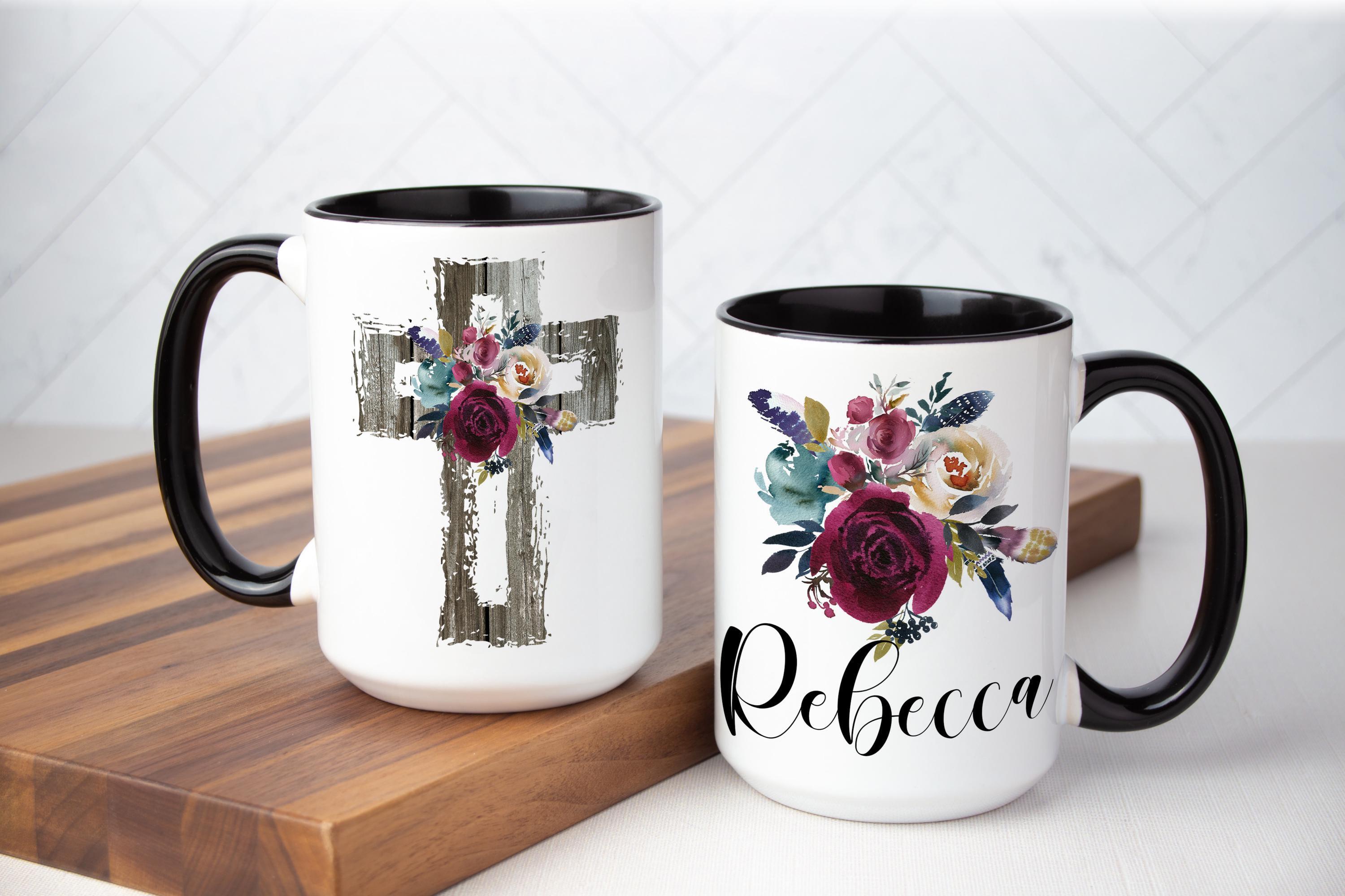 Personalized Christian Mug, Giftbox included, Floral Cross cup, Religious mug for women, Faith Cup, Custom gift for women, Floral Name Mug