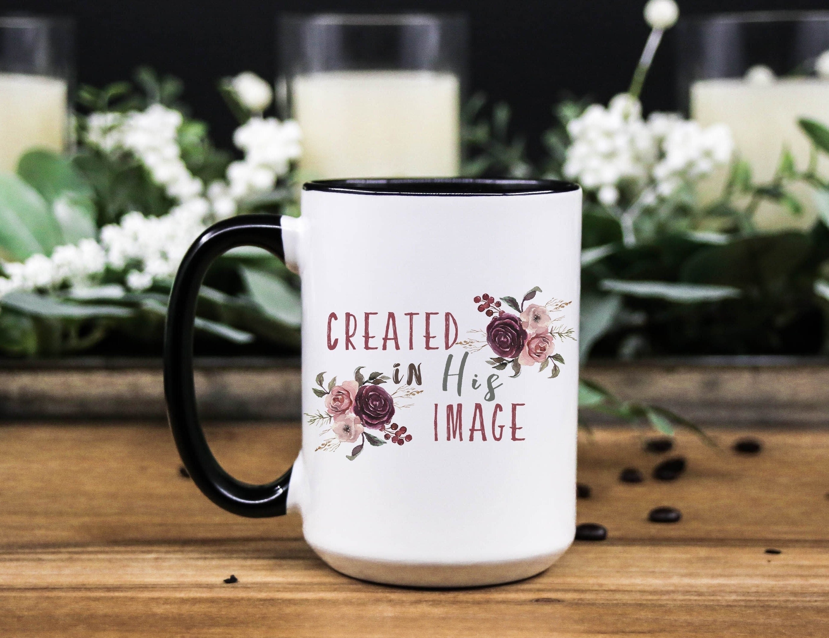 Floral Coffee Mug: "Created in His Image" Bible Verse, Christian Gift