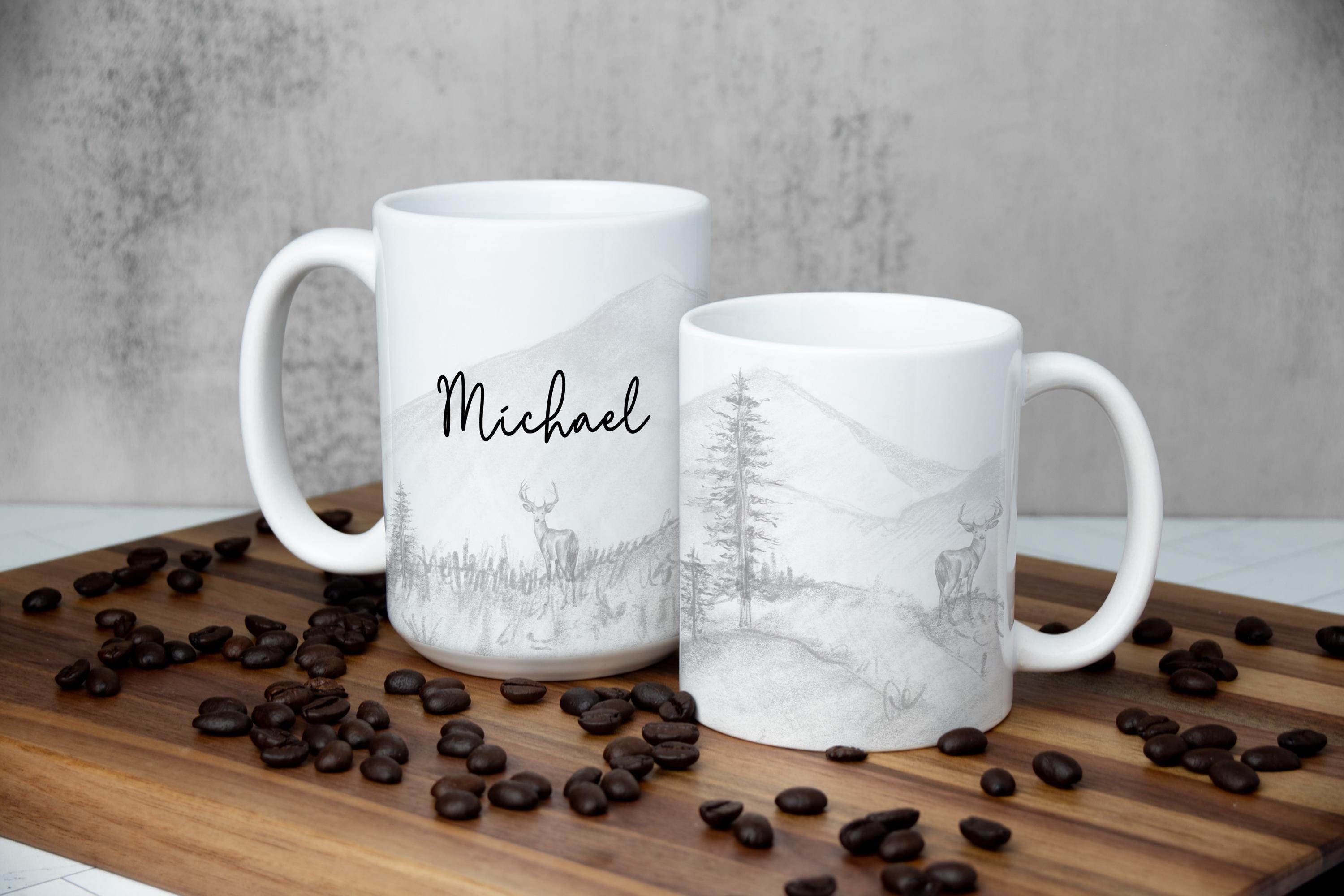 Custom Deer Mug: Hand-Sketched Woodland Design, Personalized Coffee Cup