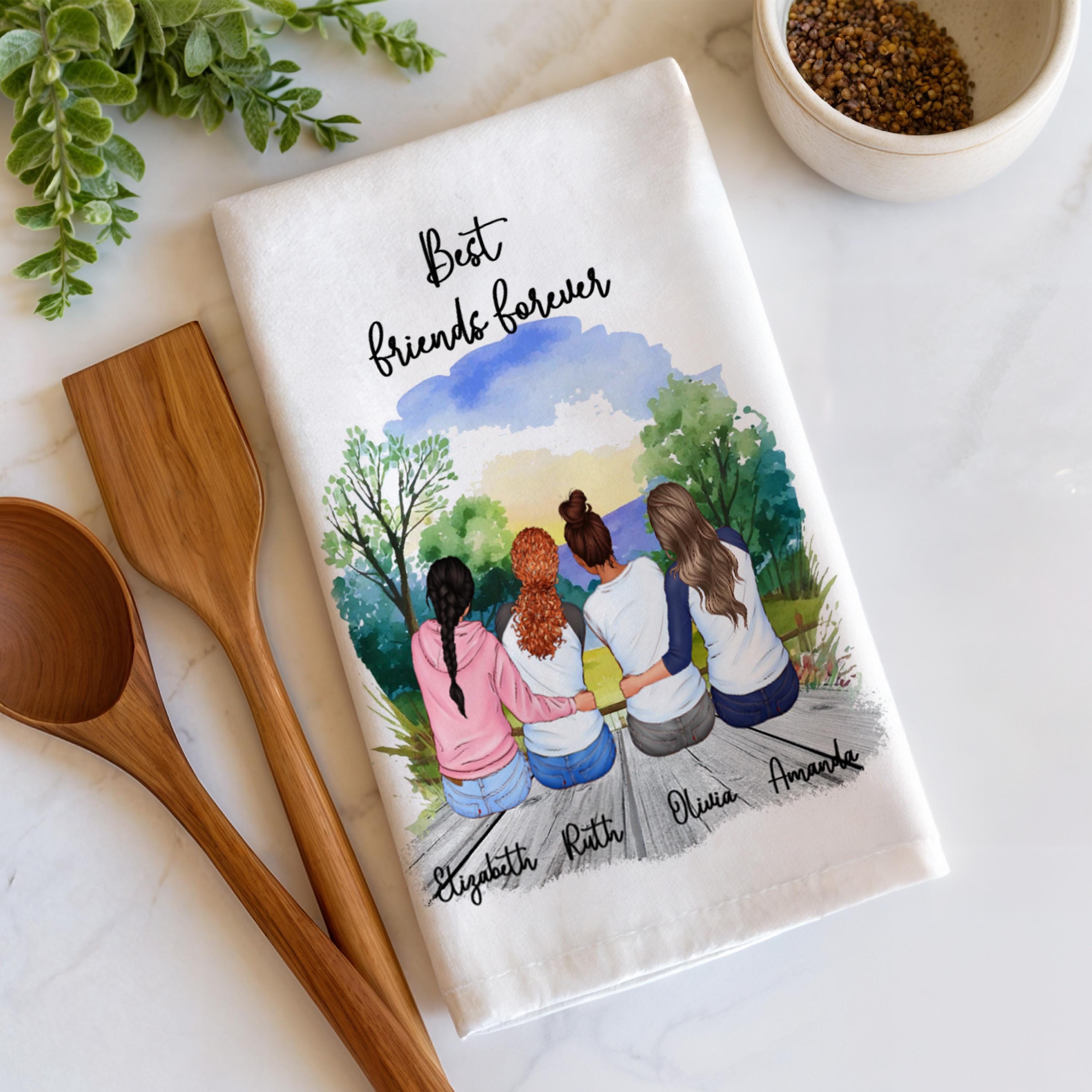 Custom Best Friends Tea Towel, Personalized with 2 to 6 Friends, Custom Names, Hair, Outfits and Backgrounds, Friendship Gift, Keepsake Gift