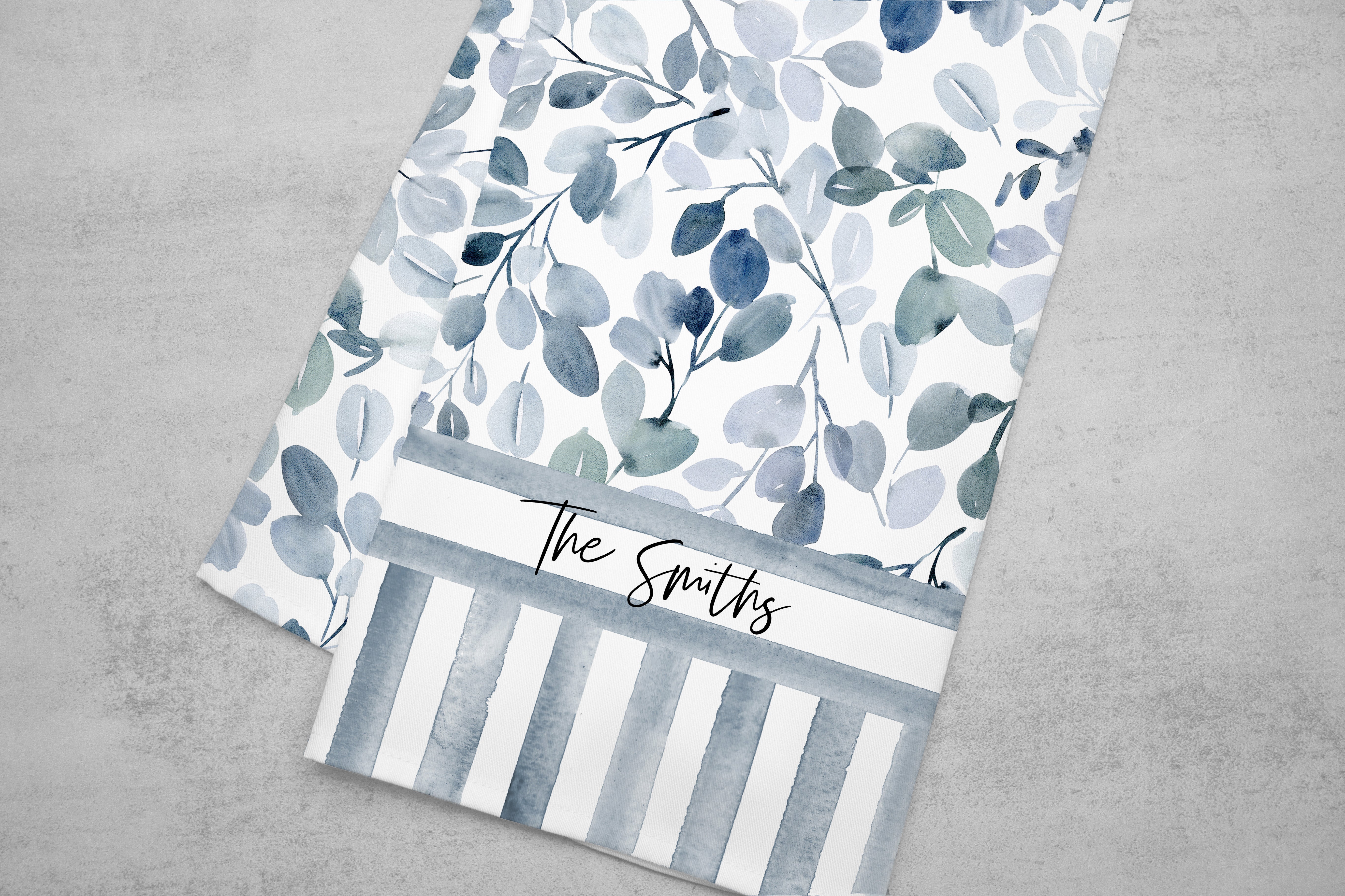 Blue Sage Tea Towel Set of 4 | Personalized Kitchen Towels | Custom Family Name Gift | Blue Botanical Dish Towels | Housewarming Gift Set