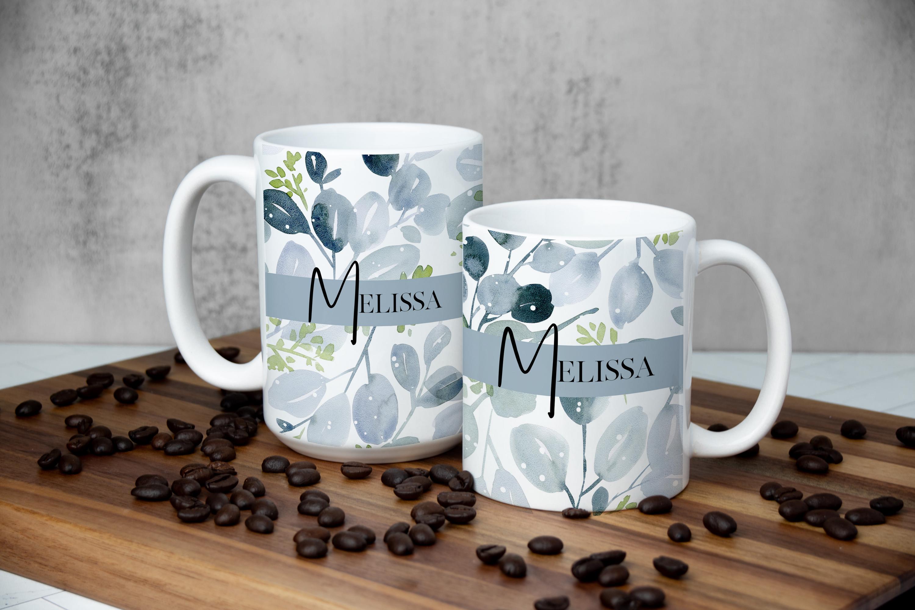 Personalized Floral Watercolor Ceramic Mug, Blue Sage Botanical designed Cup, Gift for Her