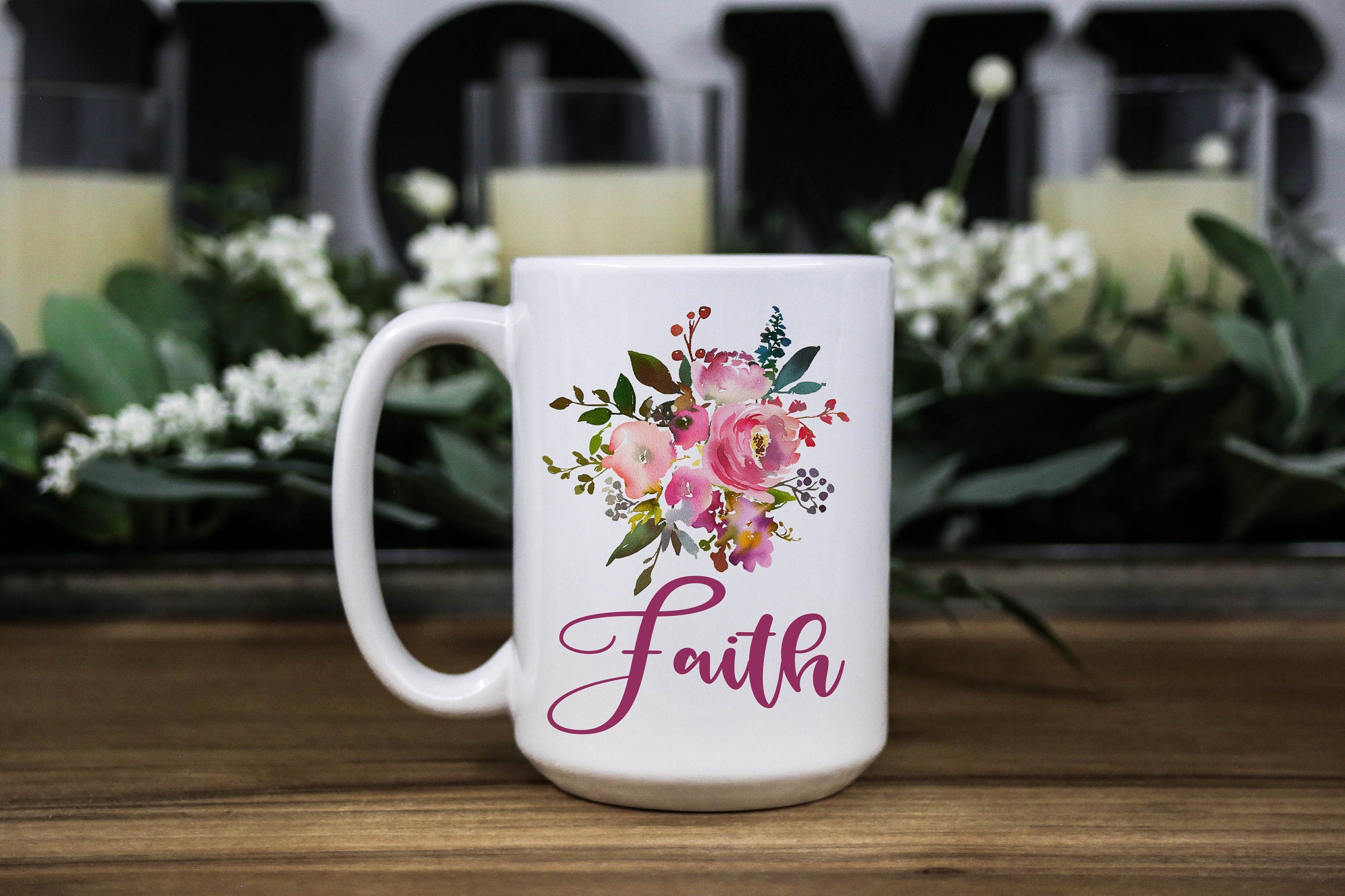 Faith Pink Floral Coffee Mug: Religious Inspirational Gift