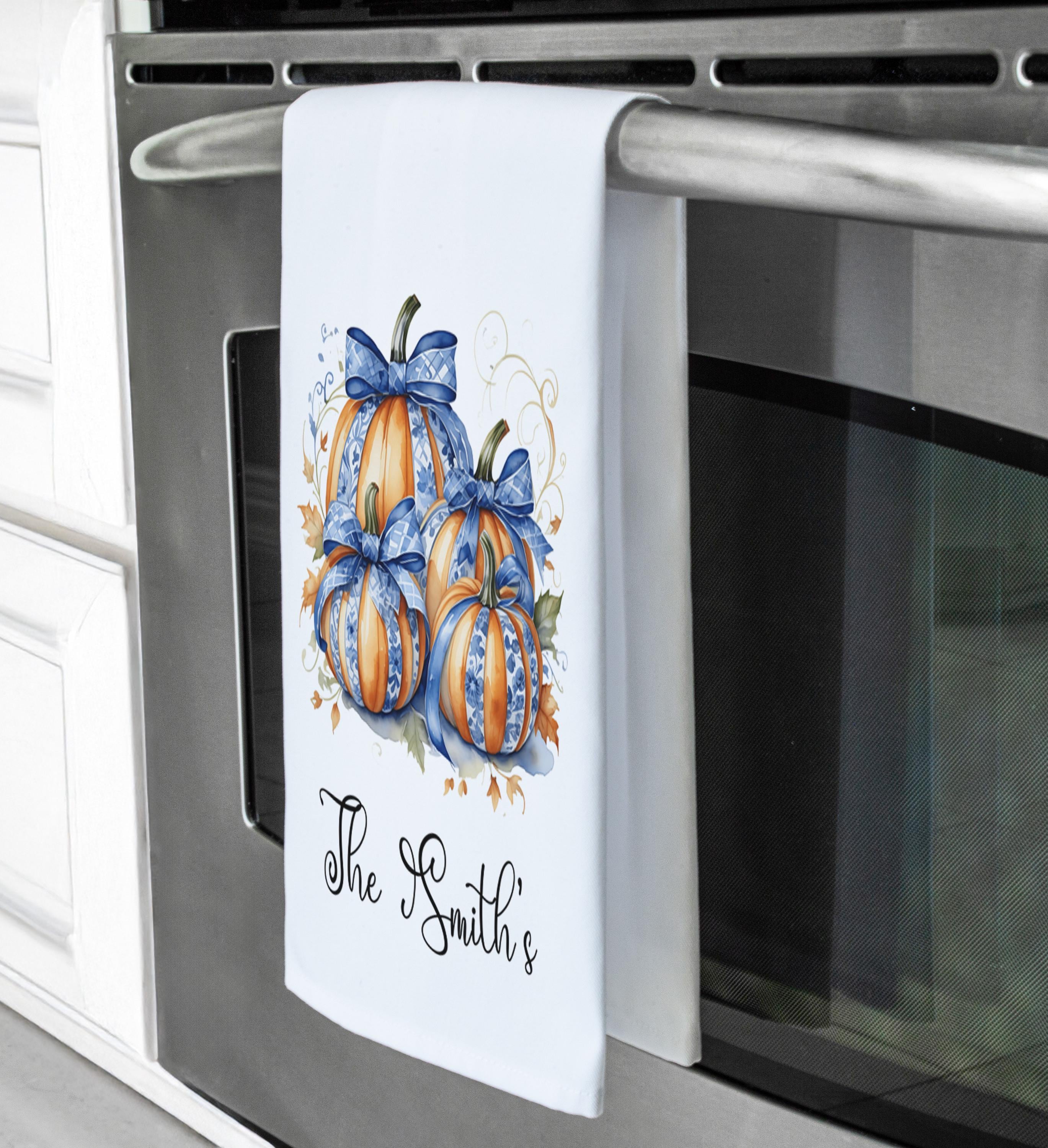 Personalized Toile Pumpkin Tea Towel Set - Blue & Orange Farmhouse Fall Decor