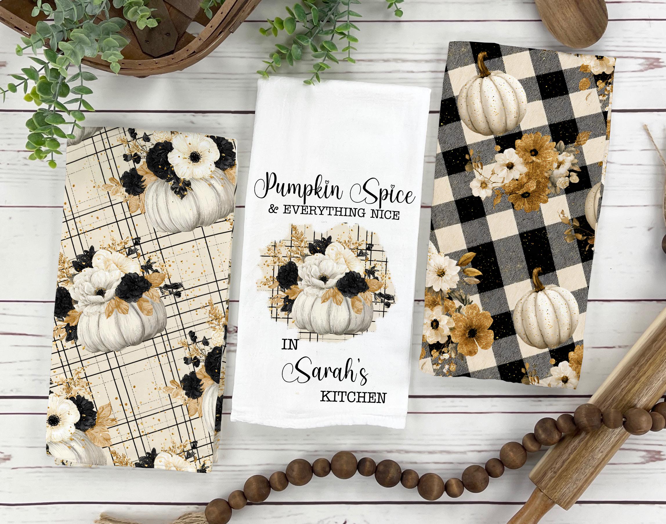 Personalized Pumpkin Spice Tea Towel Set: Rustic Fall Decor