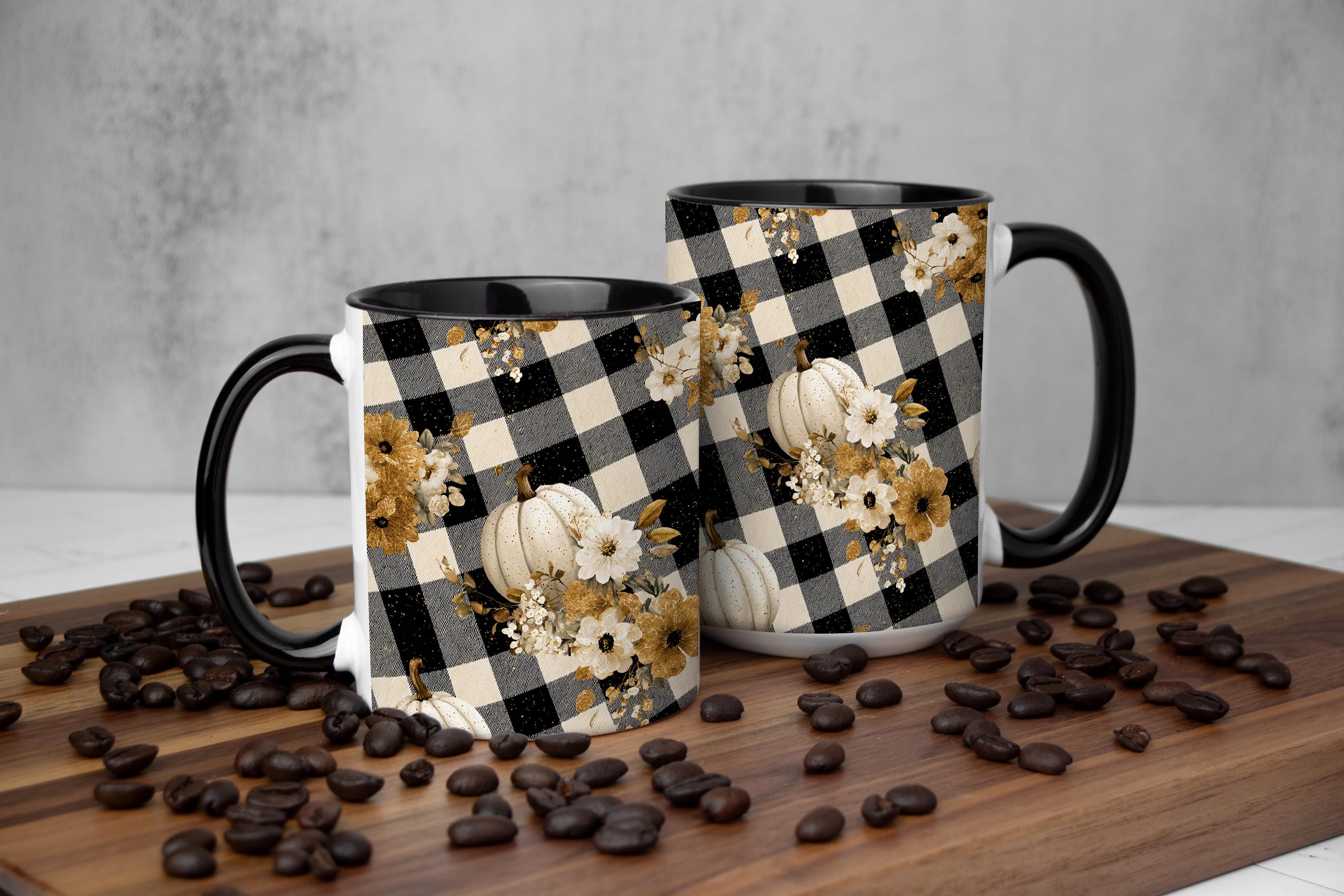Custom Pumpkin Floral Coffee Mug: Buffalo Plaid Fall Decor Set