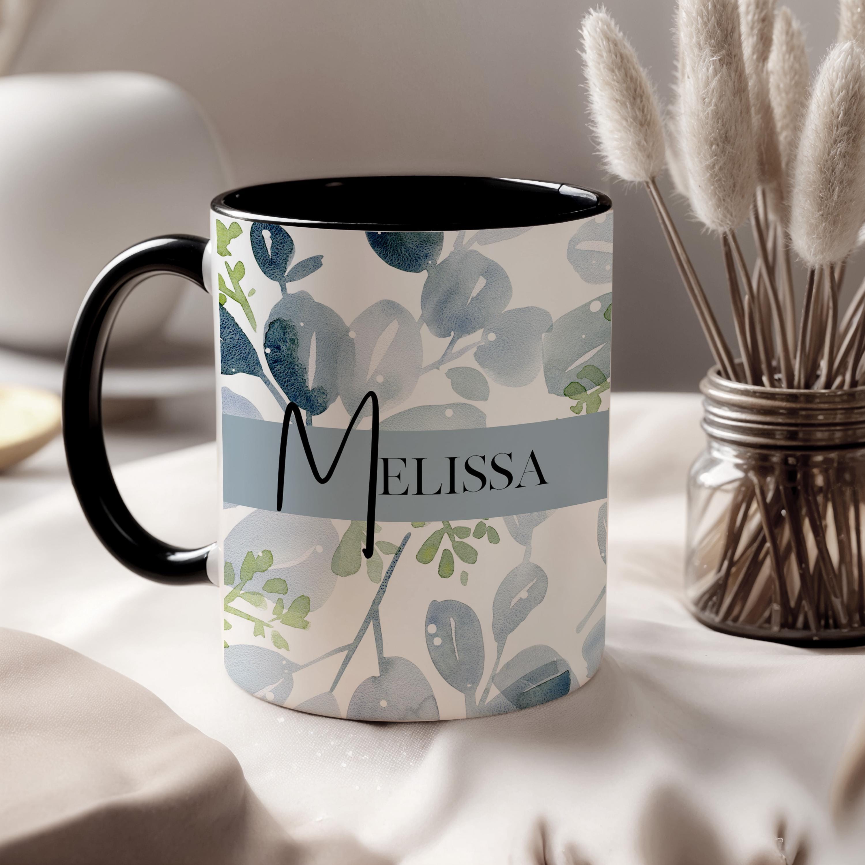 Personalized Floral Watercolor Ceramic Mug, Blue Sage Botanical designed Cup, Gift for Her