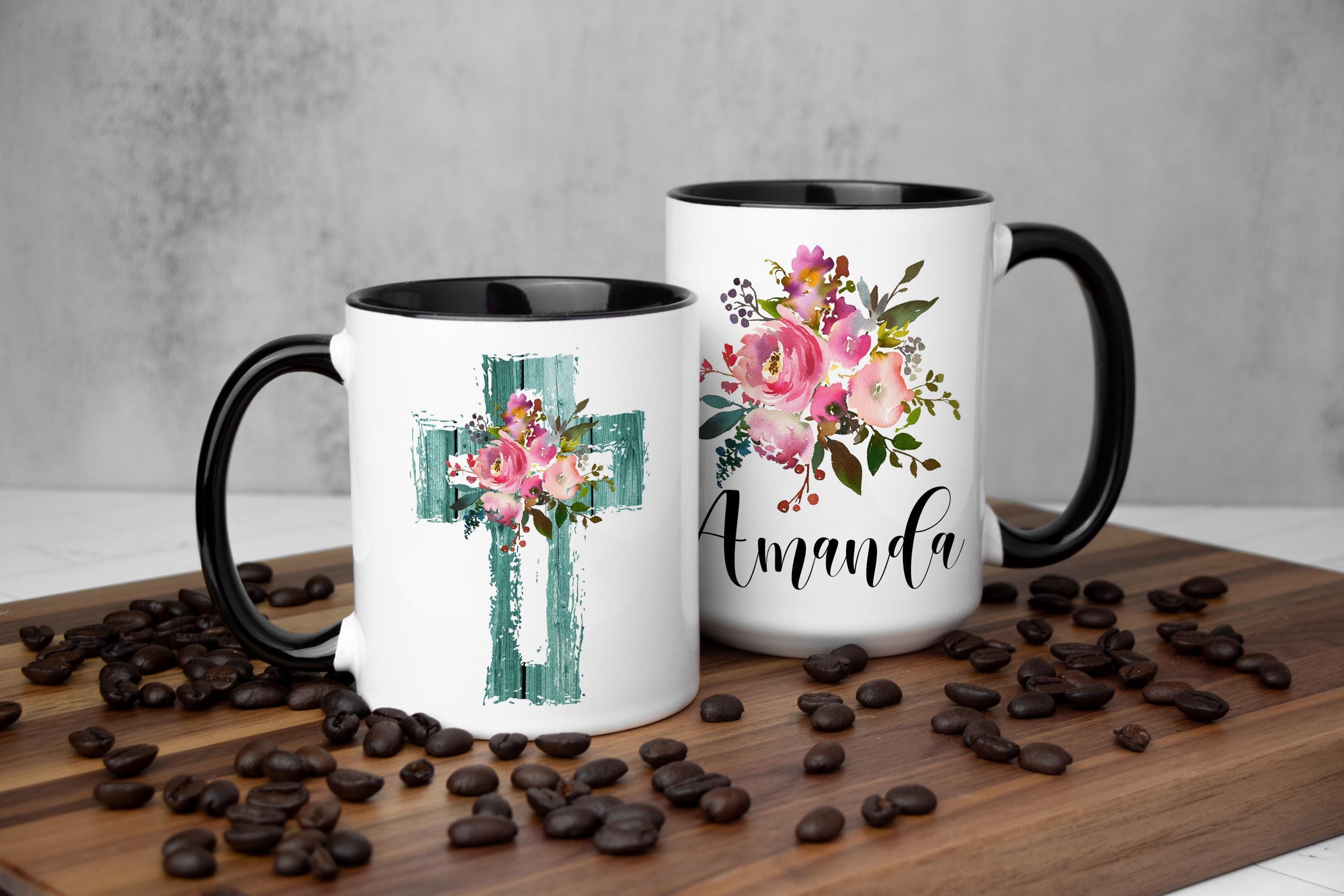 Personalized Christian mug - Floral Christian mug - Cross Coffee mug for women - Custom Christian gift for her - Religious mug - Easter mug