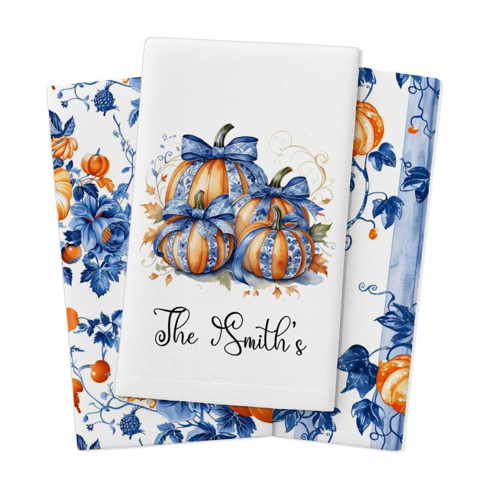 Personalized Toile Pumpkin Tea Towel Set - Blue & Orange Farmhouse Fall Decor
