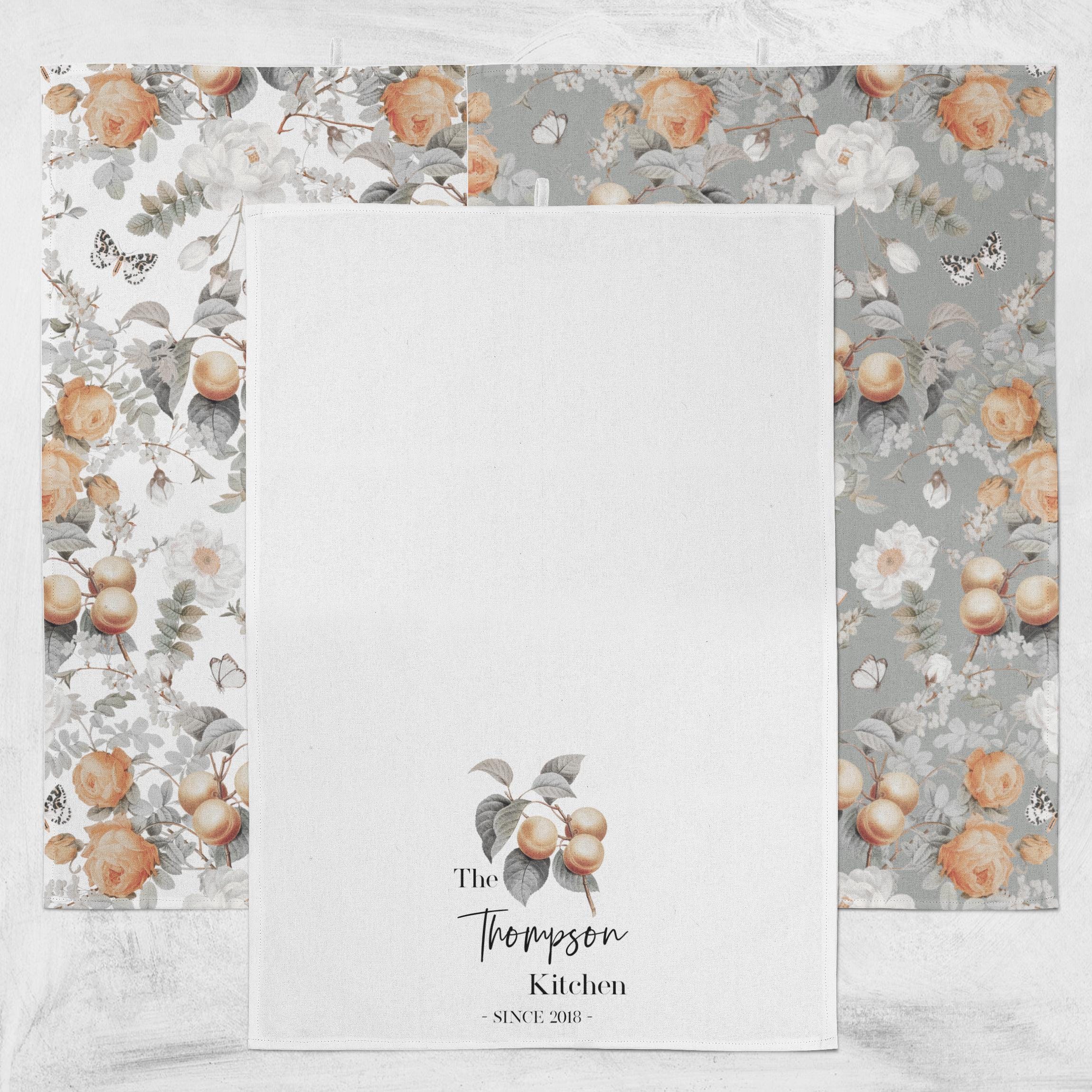 Personalized Peach Floral Tea Towel Set: Botanical Kitchen Decor