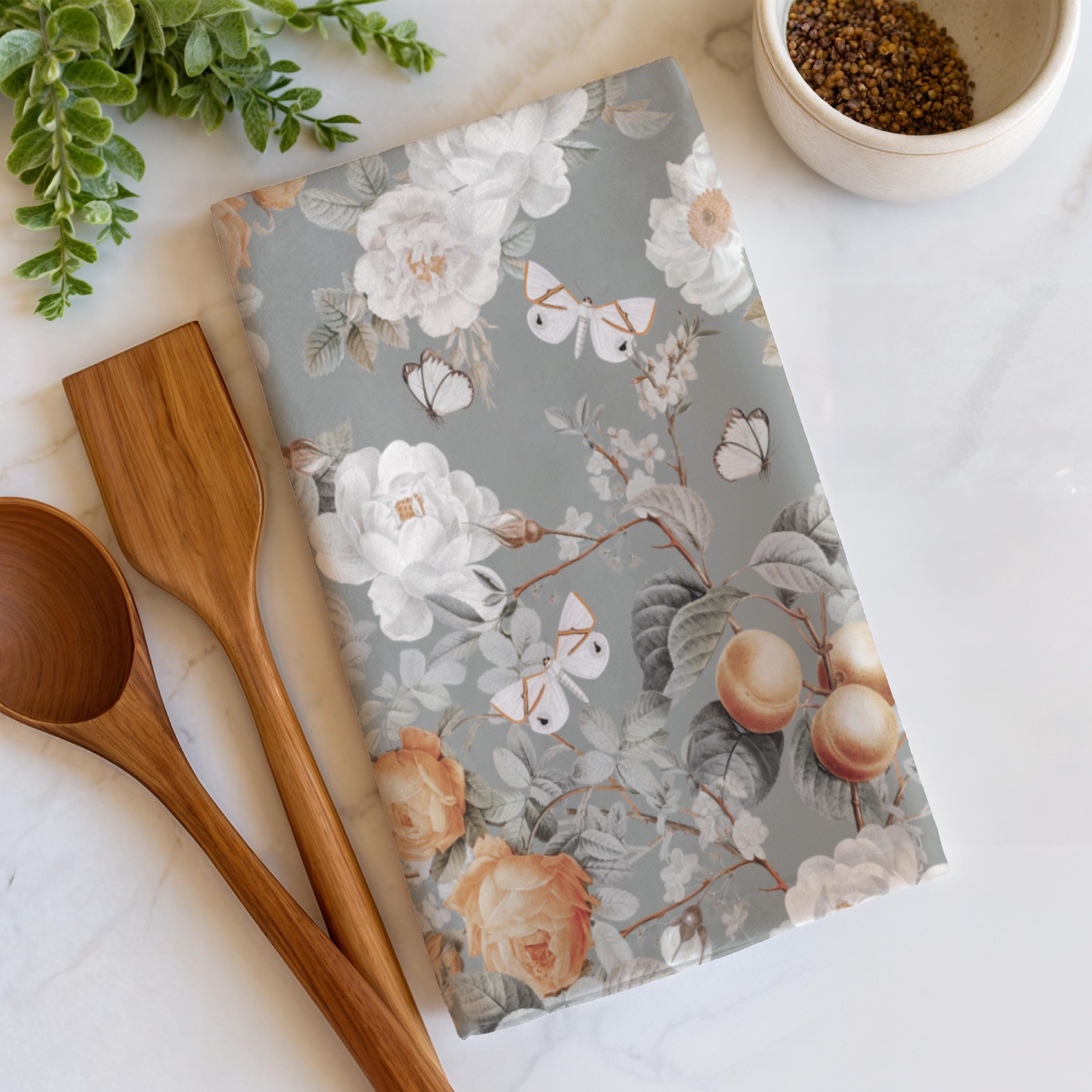 Personalized Peach Floral Tea Towel Set: Botanical Kitchen Decor