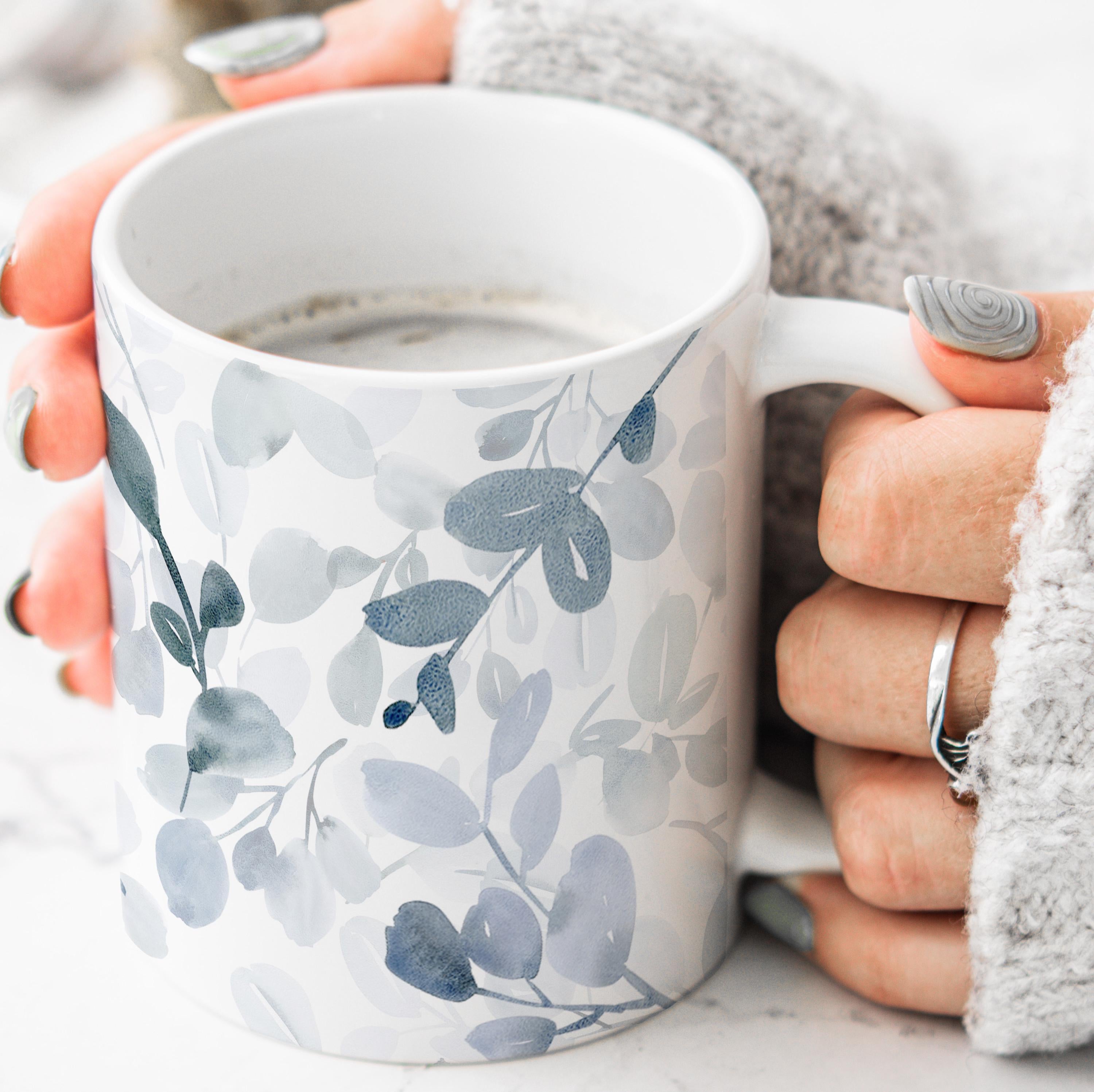 Personalized Floral Watercolor Ceramic Mug, Blue Sage Botanical designed Cup, Gift for Her