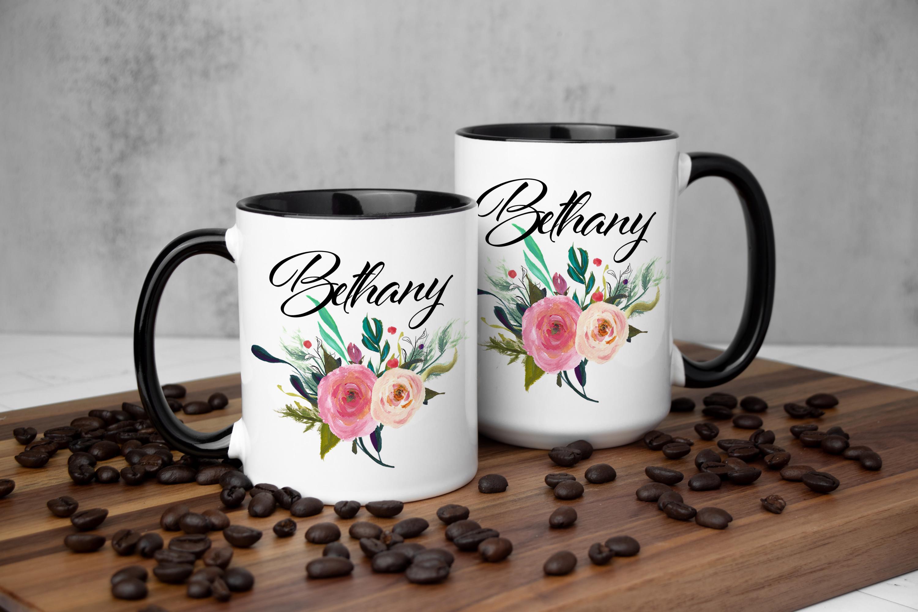 Personalized Pink Floral Coffee Mug – Custom Name Gift, Multiple Sizes & Colors Available