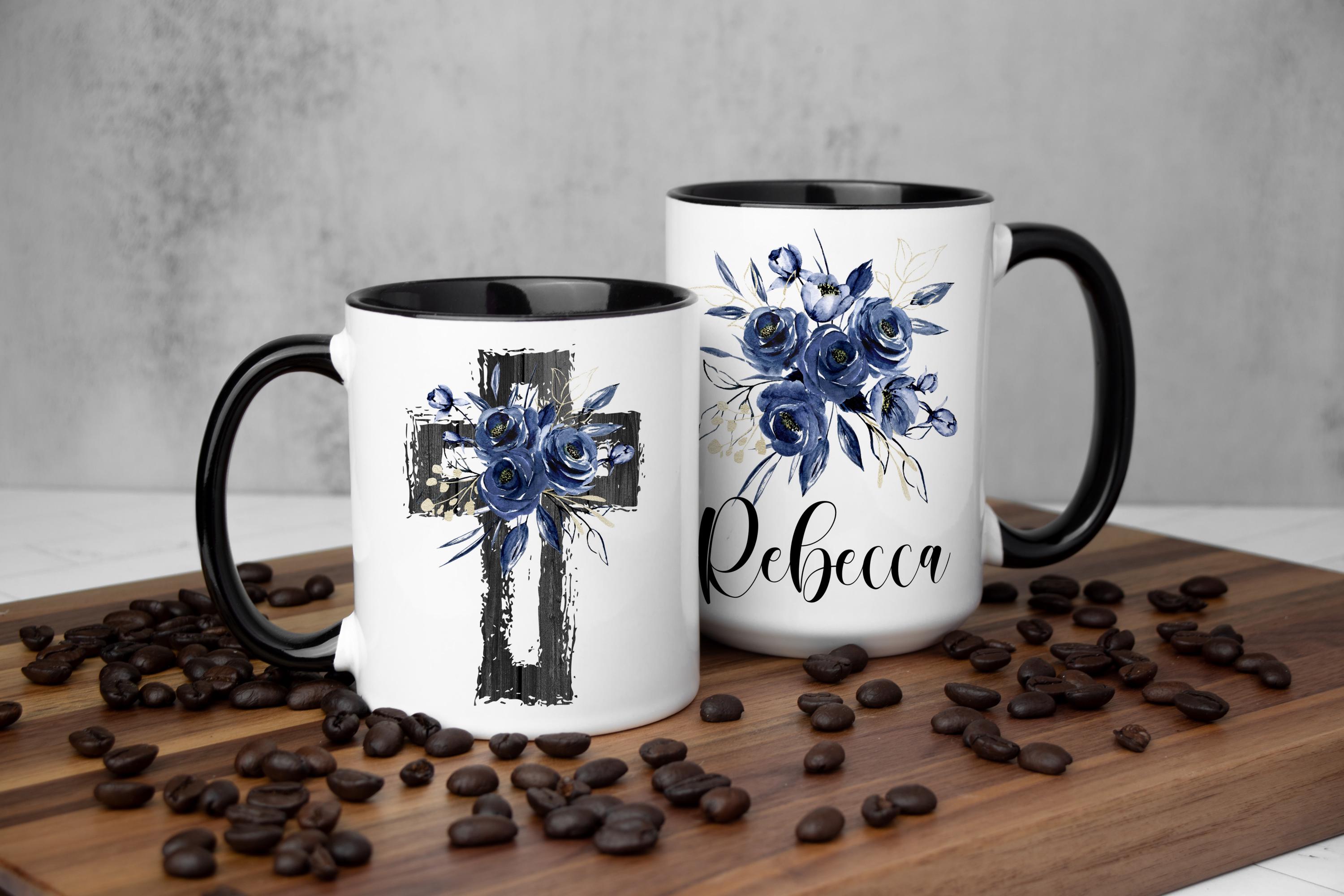 Personalized Cross mug with giftbox, Blue Floral Christian mug, Religious Coffee mug for women, Custom Christian gift for her, Easter mug