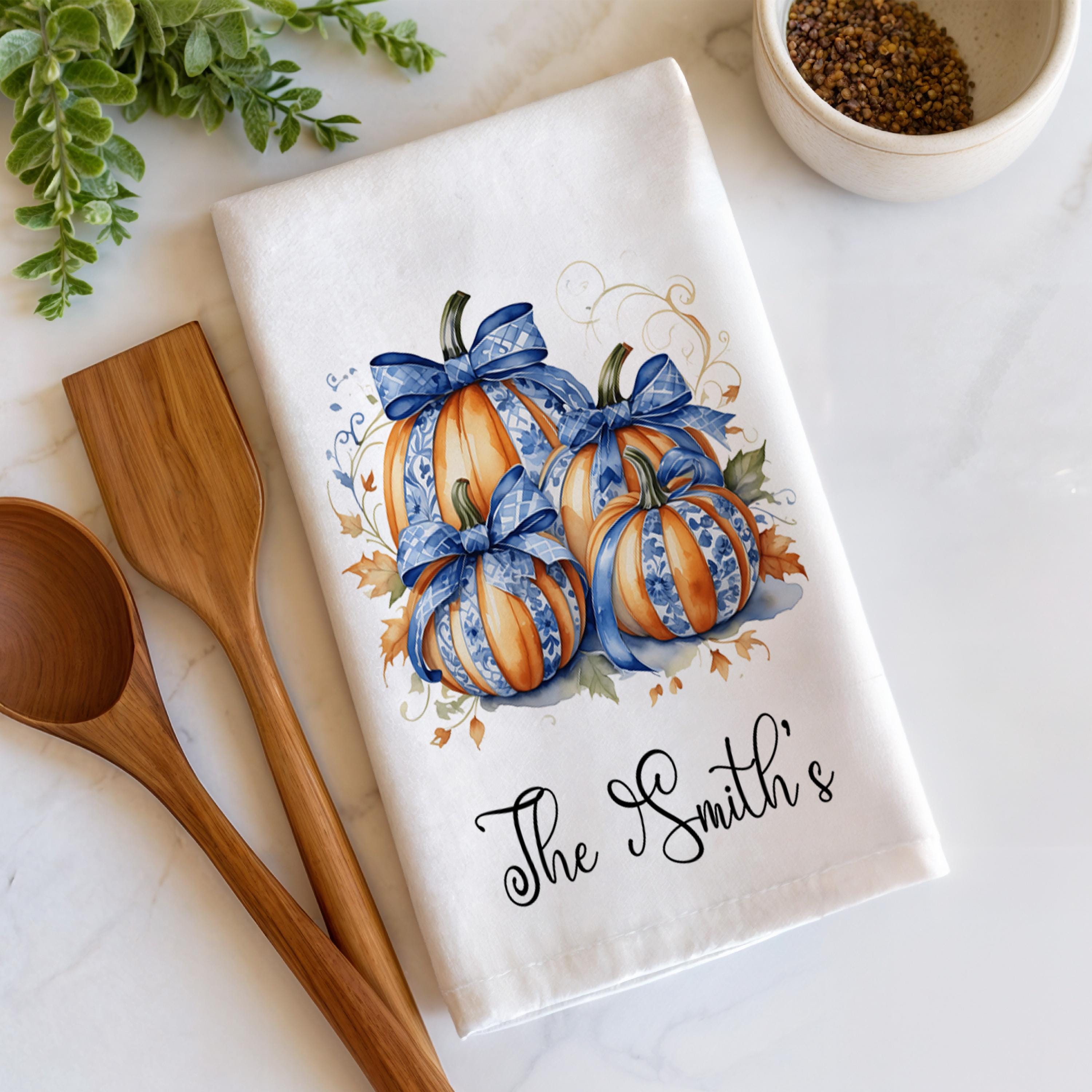 Personalized Toile Pumpkin Tea Towel Set - Blue & Orange Farmhouse Fall Decor