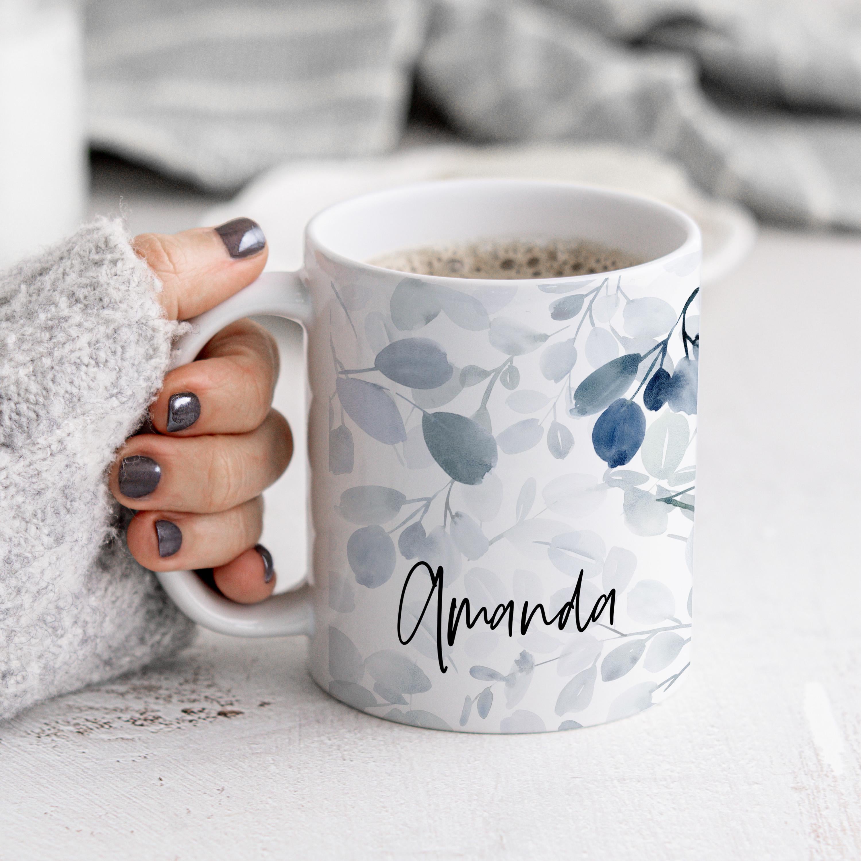 Personalized Floral Watercolor Ceramic Mug, Blue Sage Botanical designed Cup, Gift for Her
