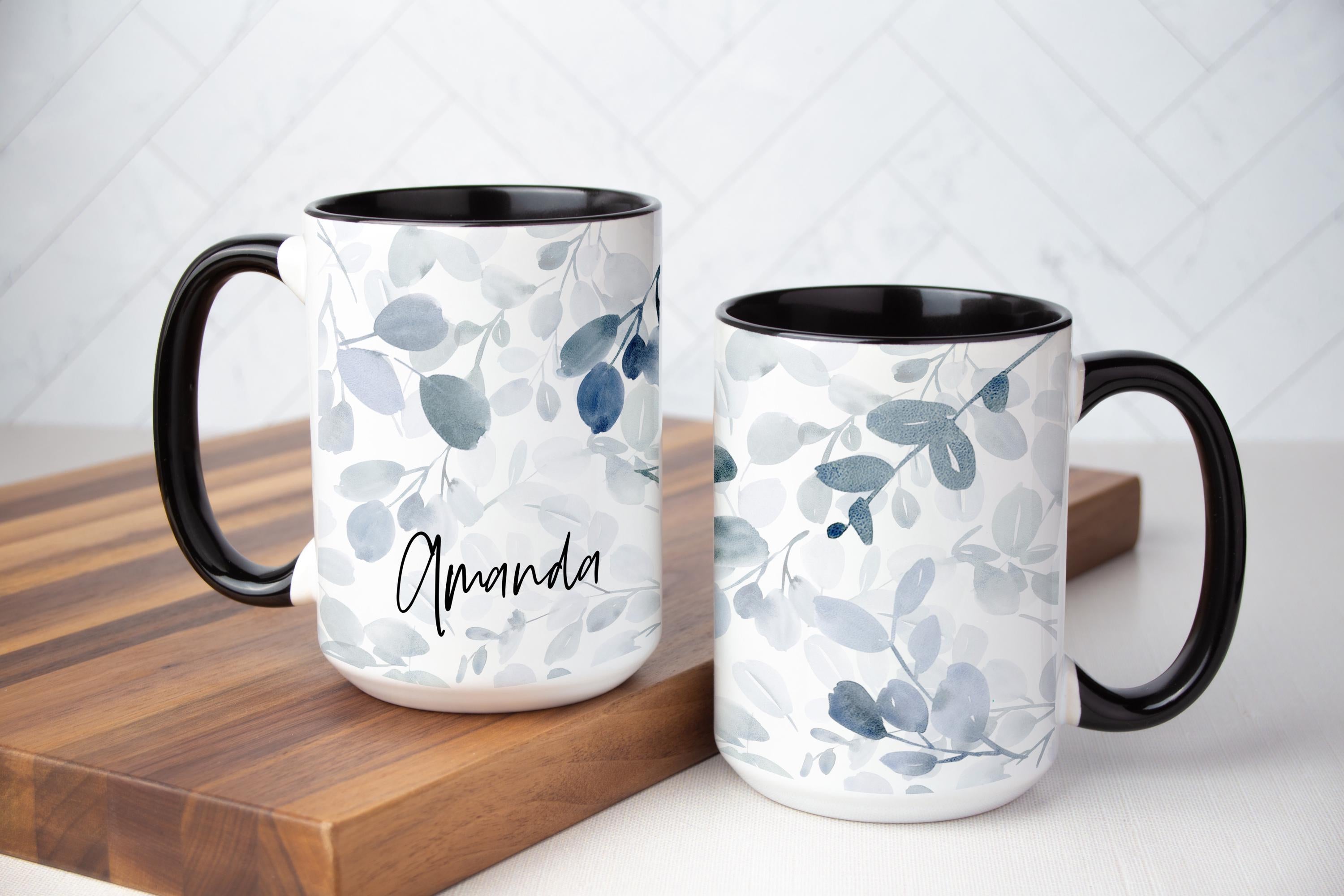 Personalized Floral Watercolor Ceramic Mug, Blue Sage Botanical designed Cup, Gift for Her