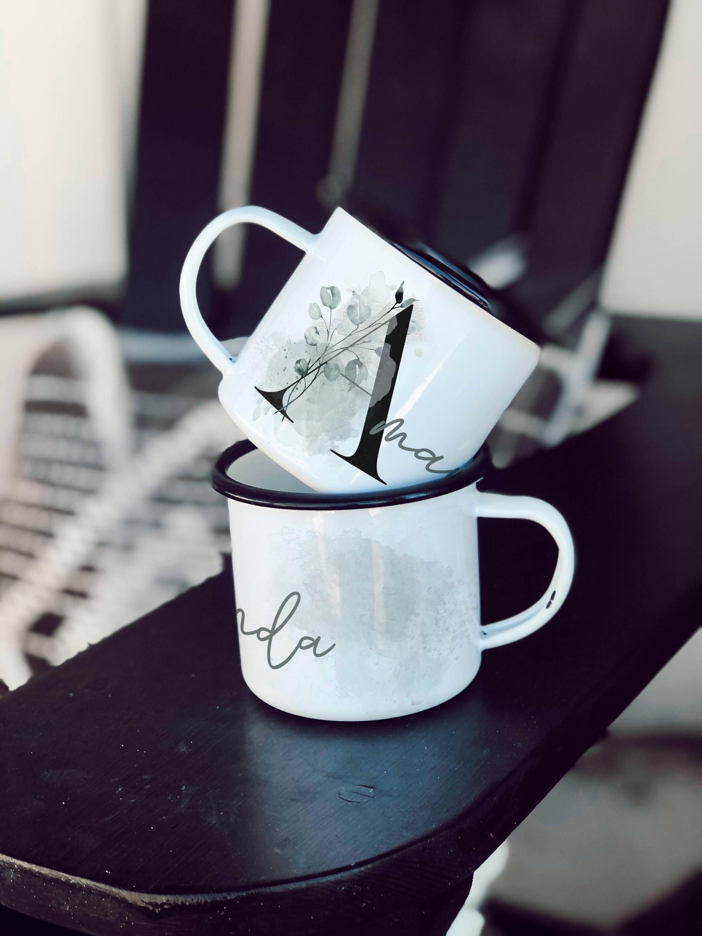 Personalized Enamel Camp Mug: Green Monogram, Multiple Sizes & Colors Available