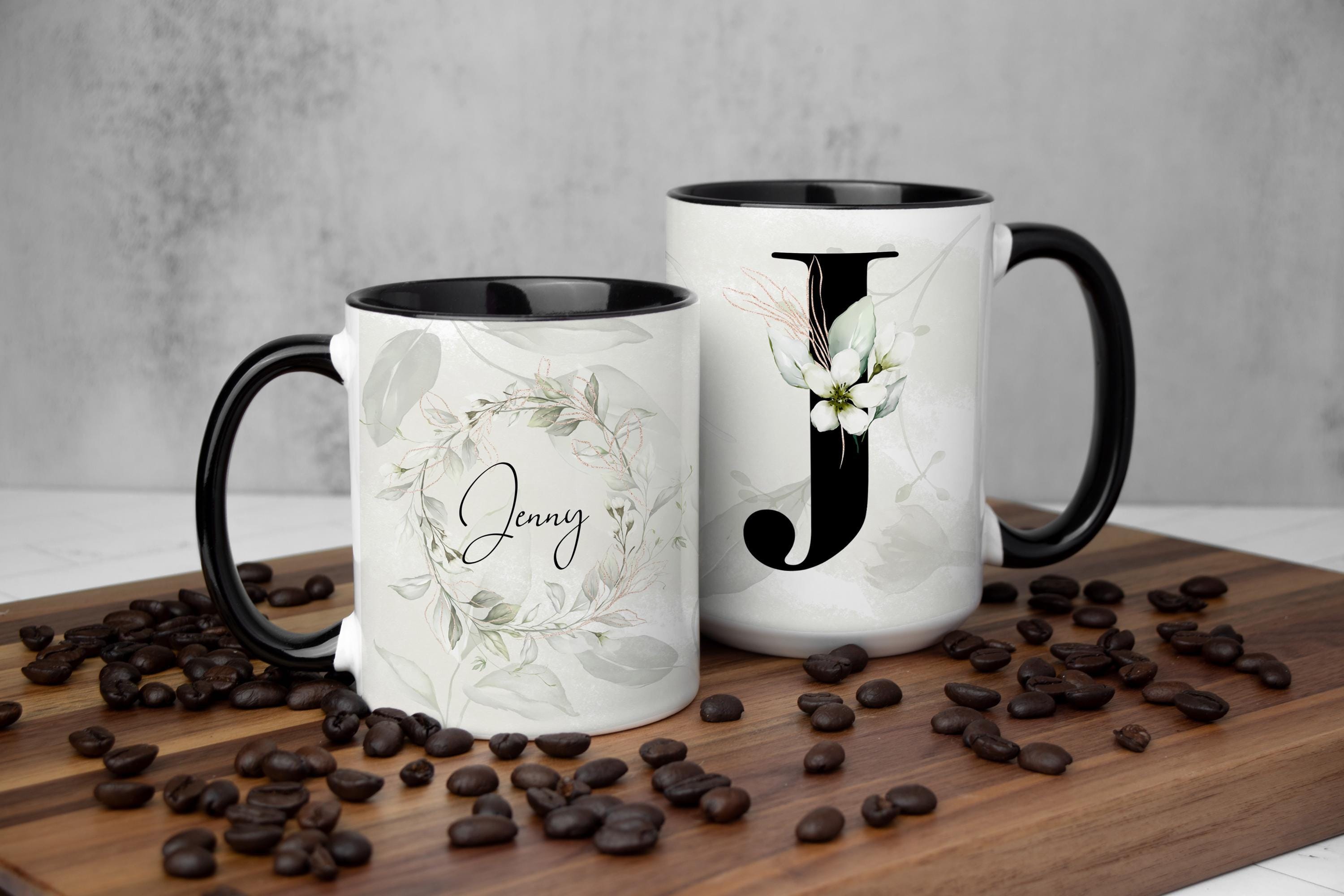 Personalized Floral Monogram Mug: Soft Green Leaf Design