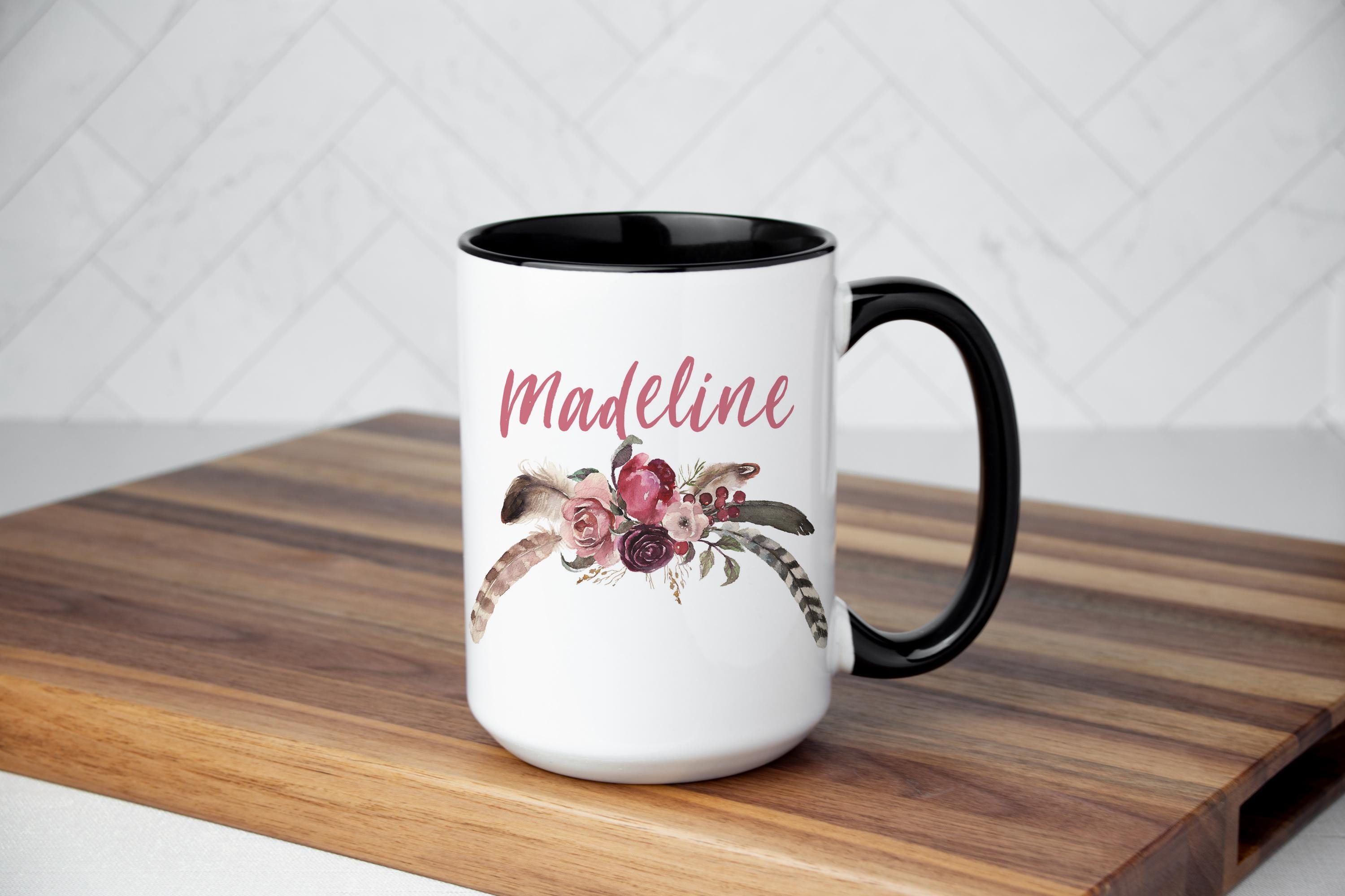 Personalized Floral Mug: Pink Mauve Feathers, Custom Name Gift