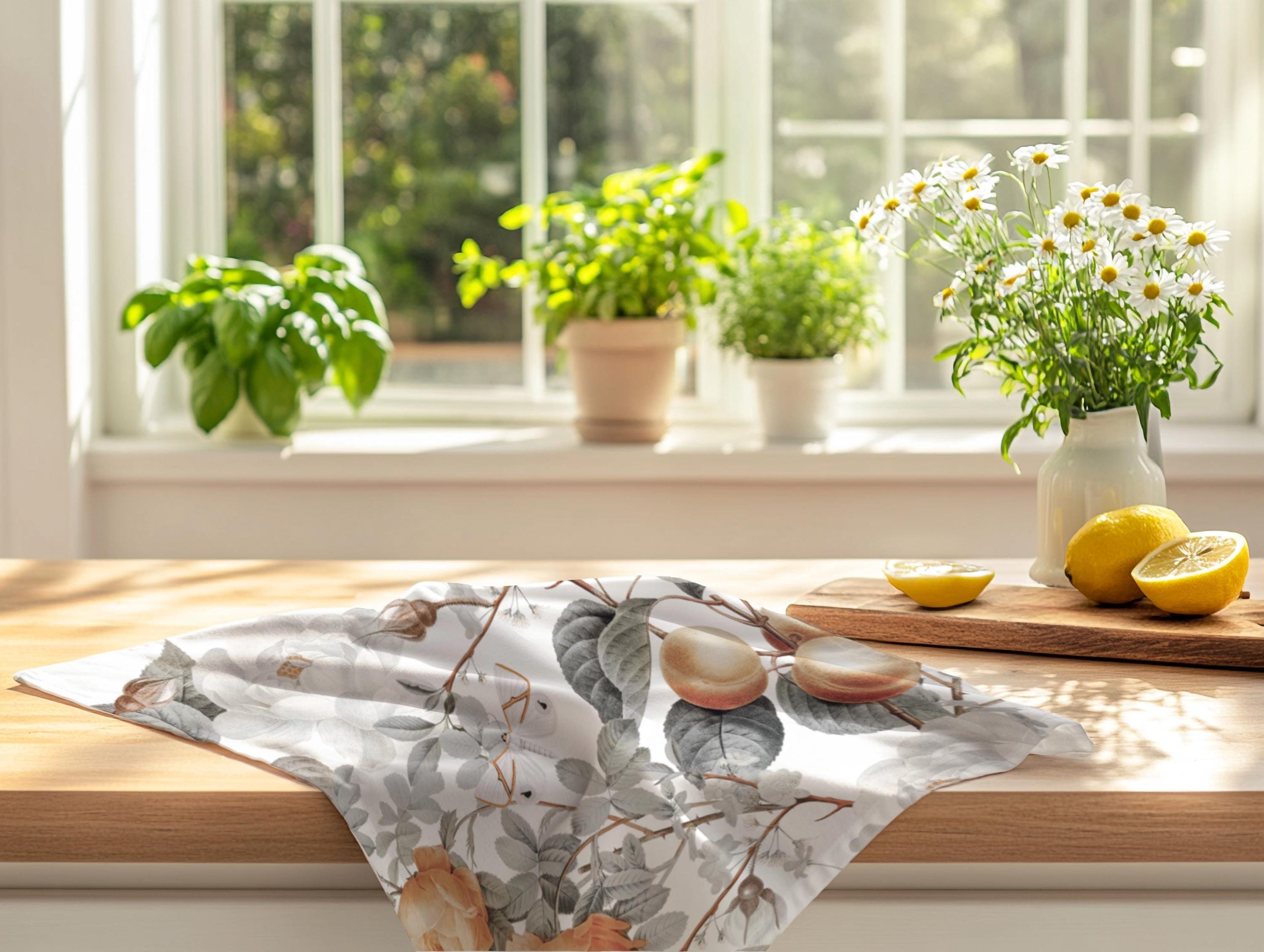 Personalized Peach Floral Tea Towel Set: Botanical Kitchen Decor