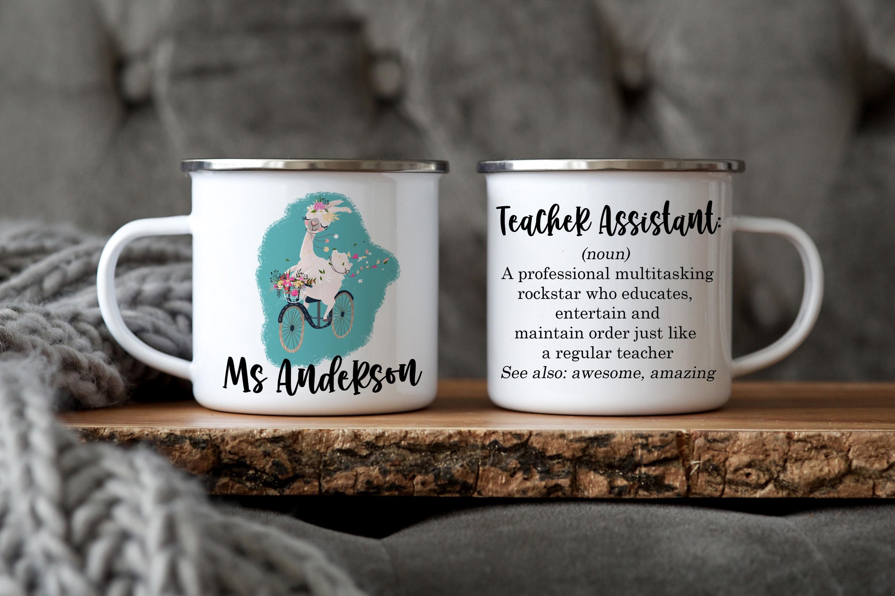 Llama Teacher Assistant Enamel Mug: Personalized Definition Gift. Multiple Sizes & Colors Available