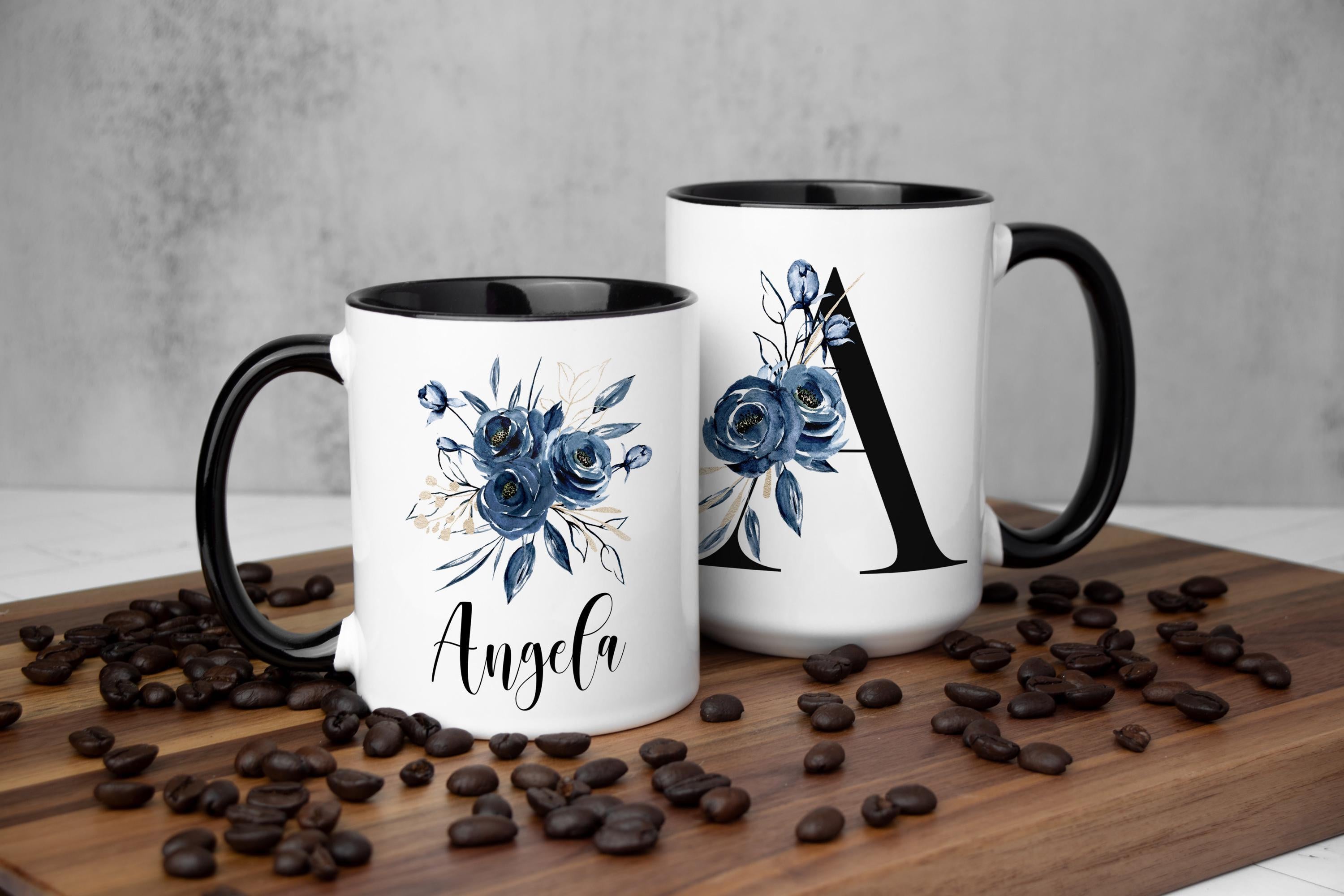 Personalized Floral Mug: Blue Watercolor, Custom Name and Monogram, Multiple Sizes & Colors Available