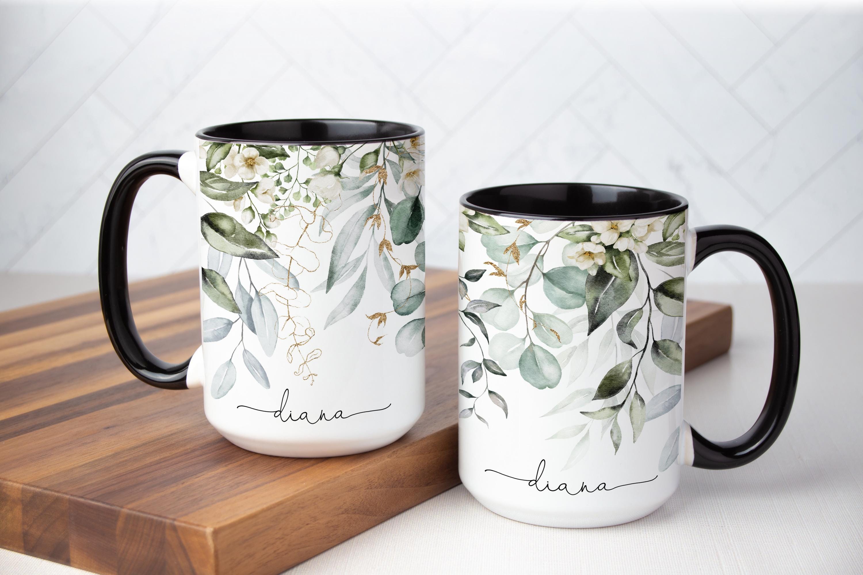 Personalized Greenery Mug: Elegant Nature-Inspired Coffee Cup, Multiple Sizes & Colors Available (Gift Box Included)