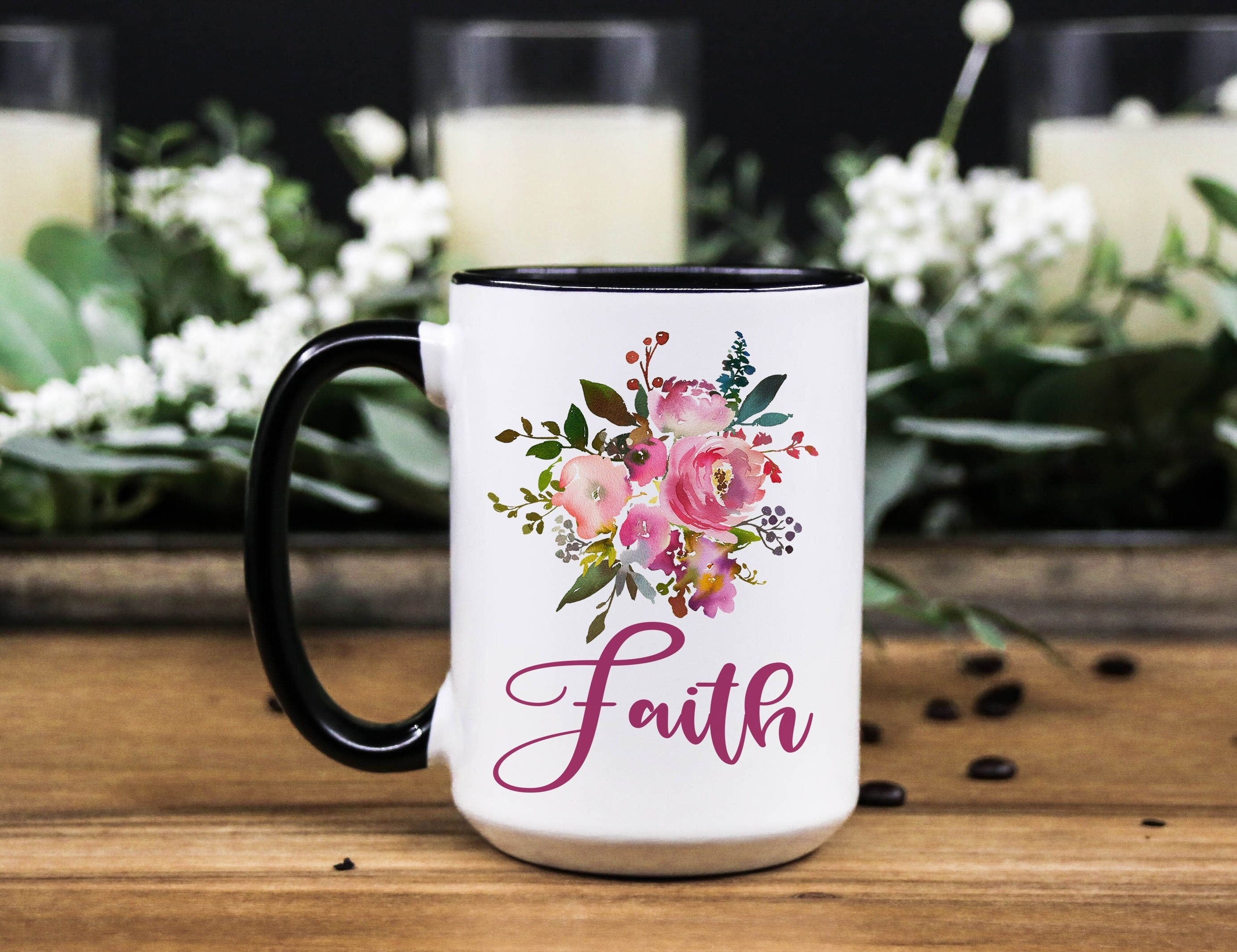 Faith Pink Floral Coffee Mug: Religious Inspirational Gift