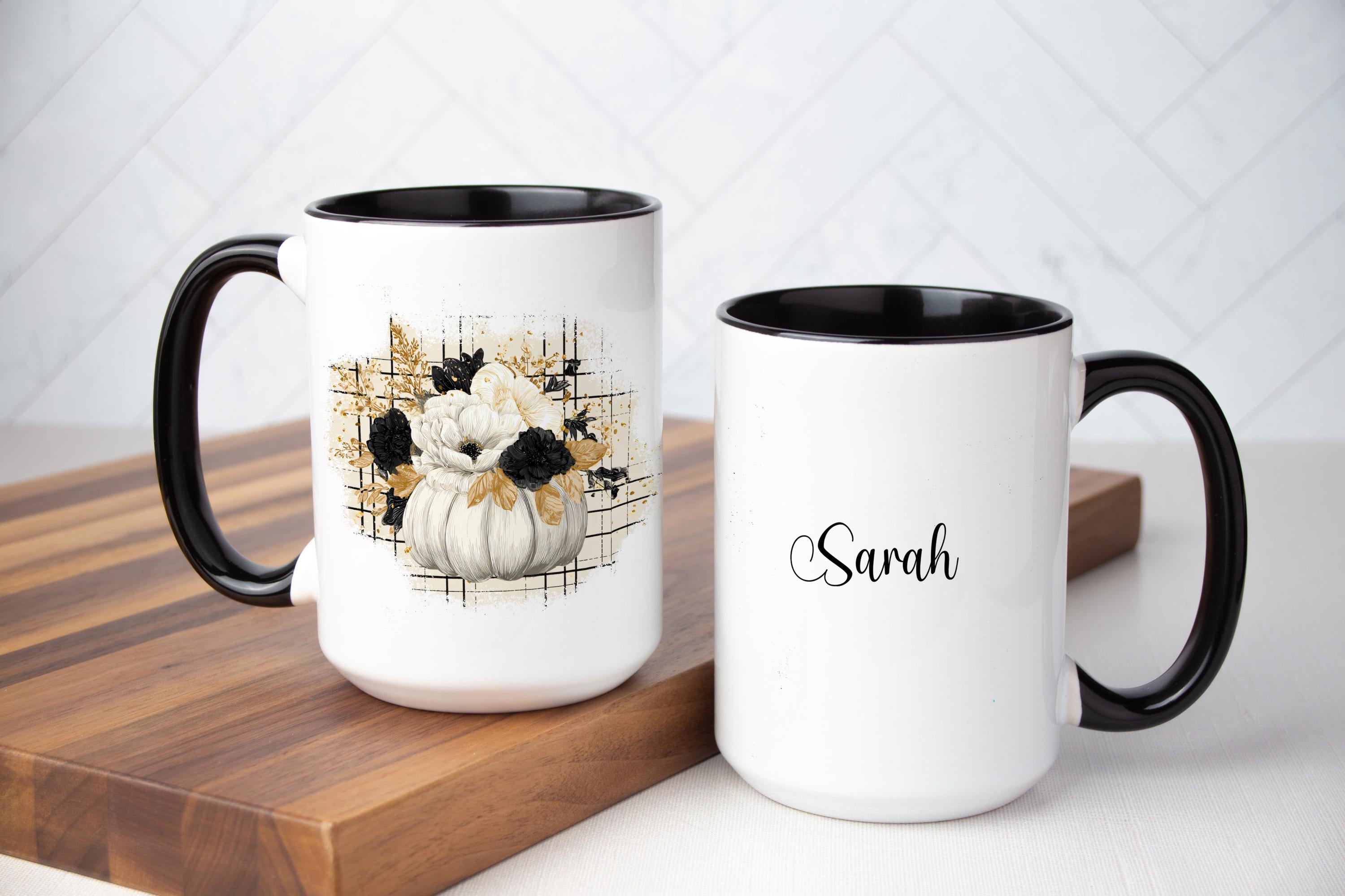 Custom Pumpkin Floral Coffee Mug: Buffalo Plaid Fall Decor Set