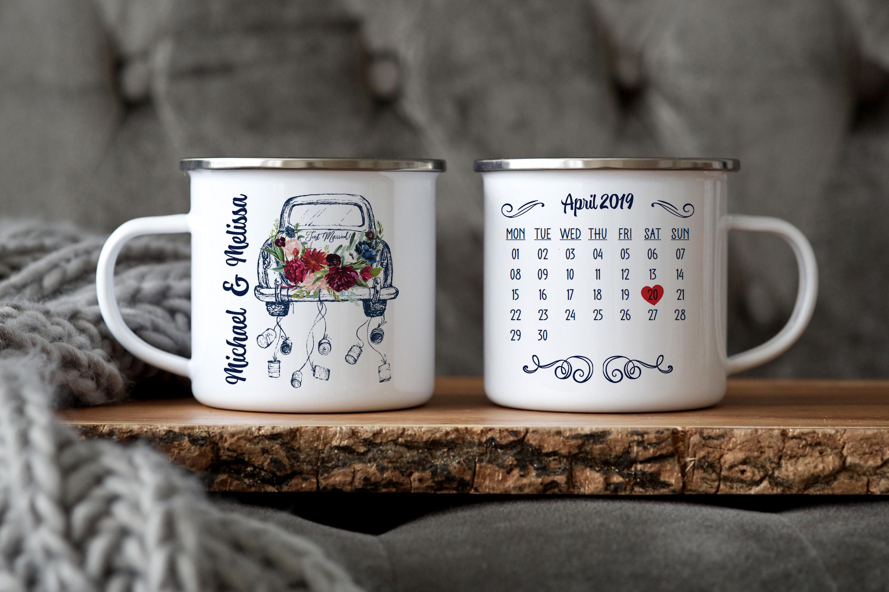 12oz/18oz Custom Anniversary Camping Mug for newlyweds/married couples, Custom Calendar Date & Names, Personalized Valentine's Day Gift